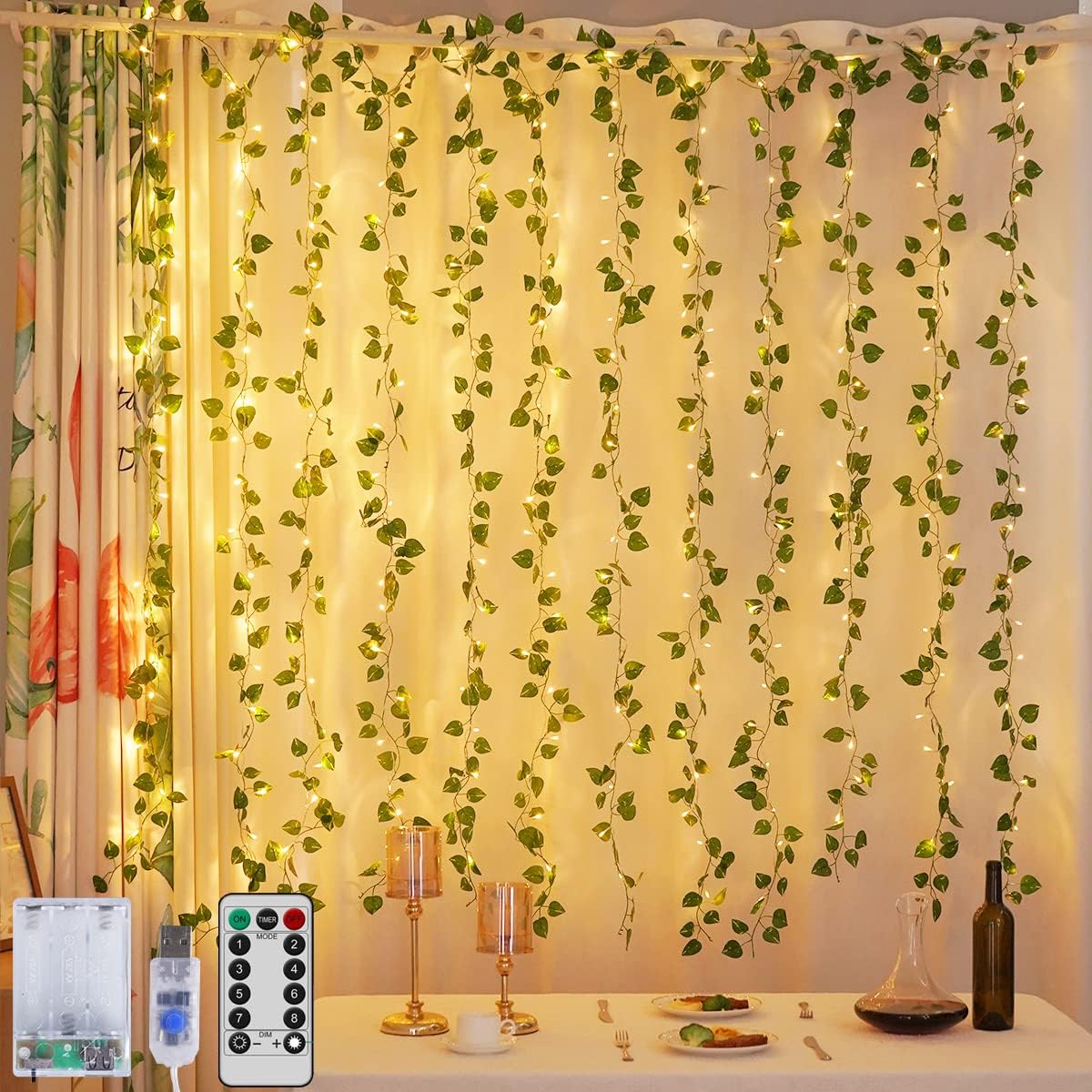 Lightd 12 Pcs Fake Ivy Vines Curtain String Light 240 LED, 8 Mode & Timer Green Hanging Fake Plant for Bedroom Wall Hanging Garden Home Room Jungle Party Indoor Outdoor