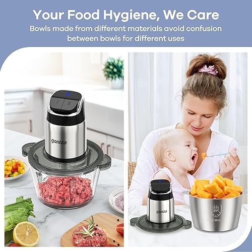 Vista 13 de Ganiza Procesador de alimentos, picadora de alimentos y moledora de carne de 2 velocidades con tazones de 8 tazas de acero inoxidable y 8 tazas