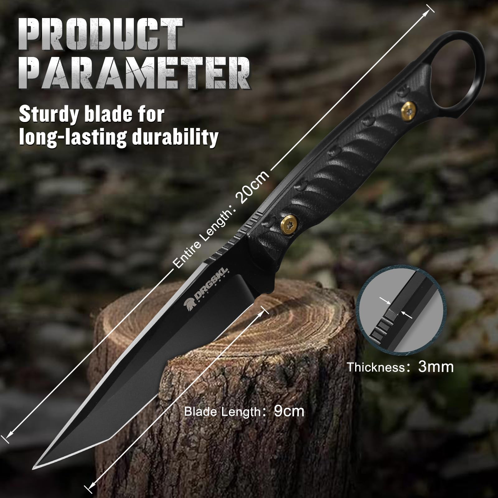 DRGSKL Camping Outdoor Messer Survival, Scharf Vielseitiges Bushcraft Messer Full Tang, Jagdmesser Feststehender Klinge mit Hoher Härte Klinge, Griff mit Ring