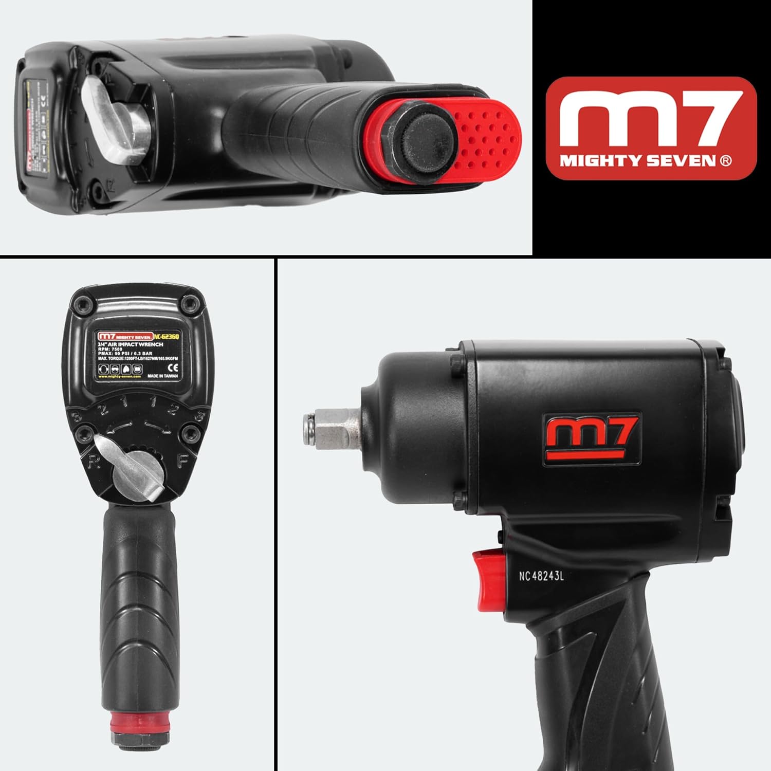 Mighty Seven M7 1/2-inch Air Impact Wrench with Quiet Drive NC-4236Q Industrial, Motorcycle, and Automotive Tool, Impact Driver with Pistol Grip, Pneumatic Torque Wrench with 1000 ft-lb Max Torque