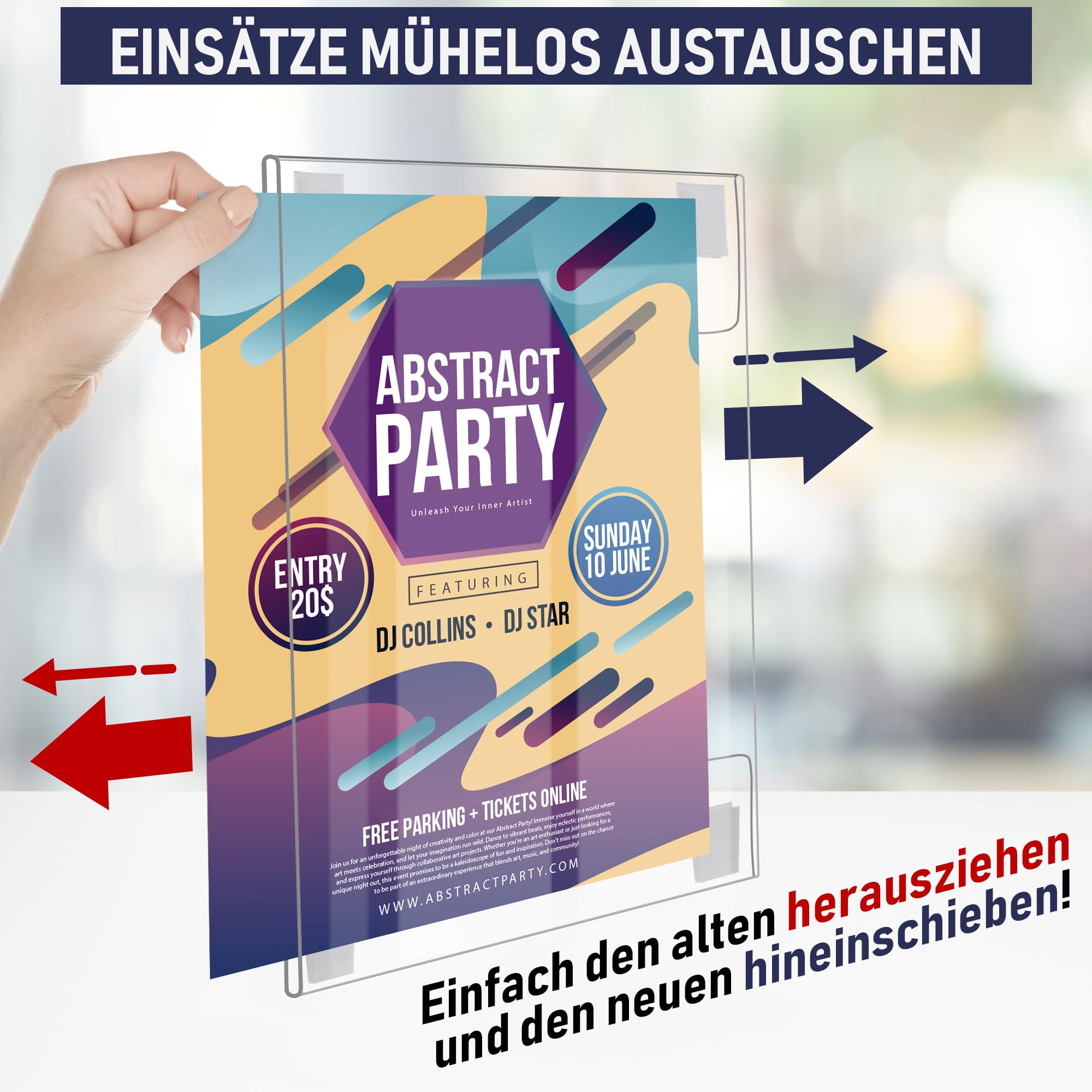 Acryl-Schilderhalter zum Einklemmen, A4 - Hoch- oder Querformat, durchsichtiger Wandrahmen, perfekt für Zuhause, Büro, Geschäft, Laden, Restaurant, mit Klettverschluss zur Wandbefestigung (A4-6 Pack)