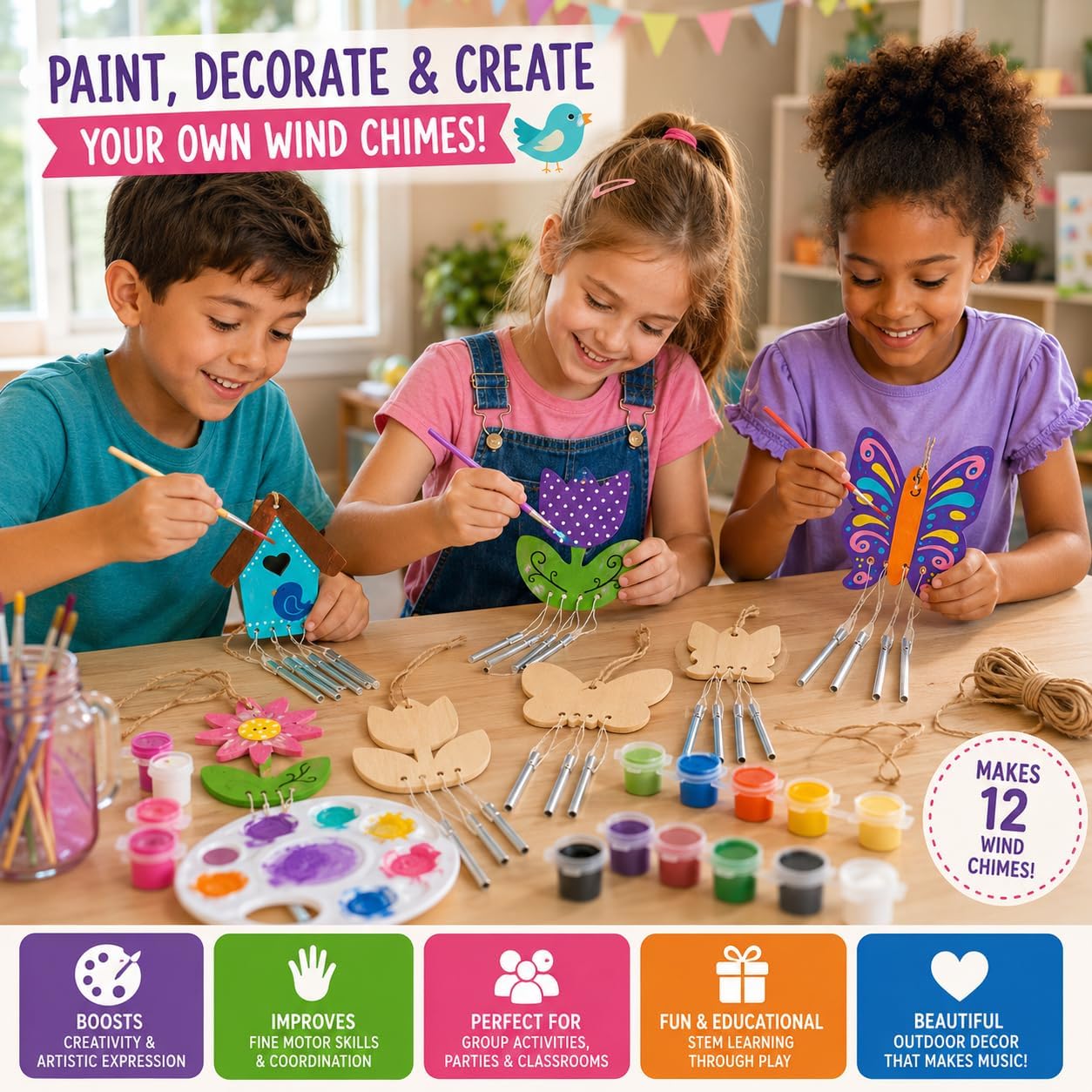 Fun Express DIY Wind Chime Craft Kits for Kids Ages 4-8 - Makes 12 Spring Theme Butterfly & Birdhouse Designs | Bulk Arts and Crafts Activity Set for Birthday Parties & Creative Projects