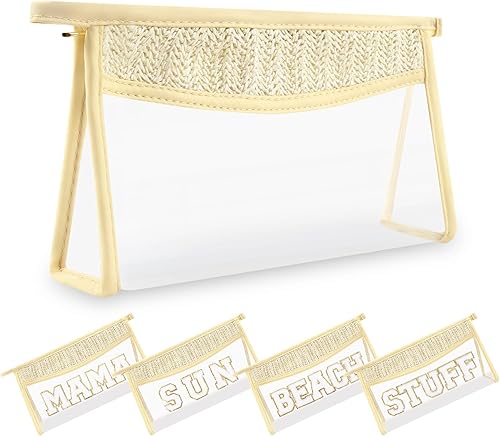 Miniatura 1 de Pequeñas bolsas de maquillaje transparentes de paja bohemia para mujeres y niñas, bolsa de cosméticos con cremallera de chenilla, bolsa de parche de