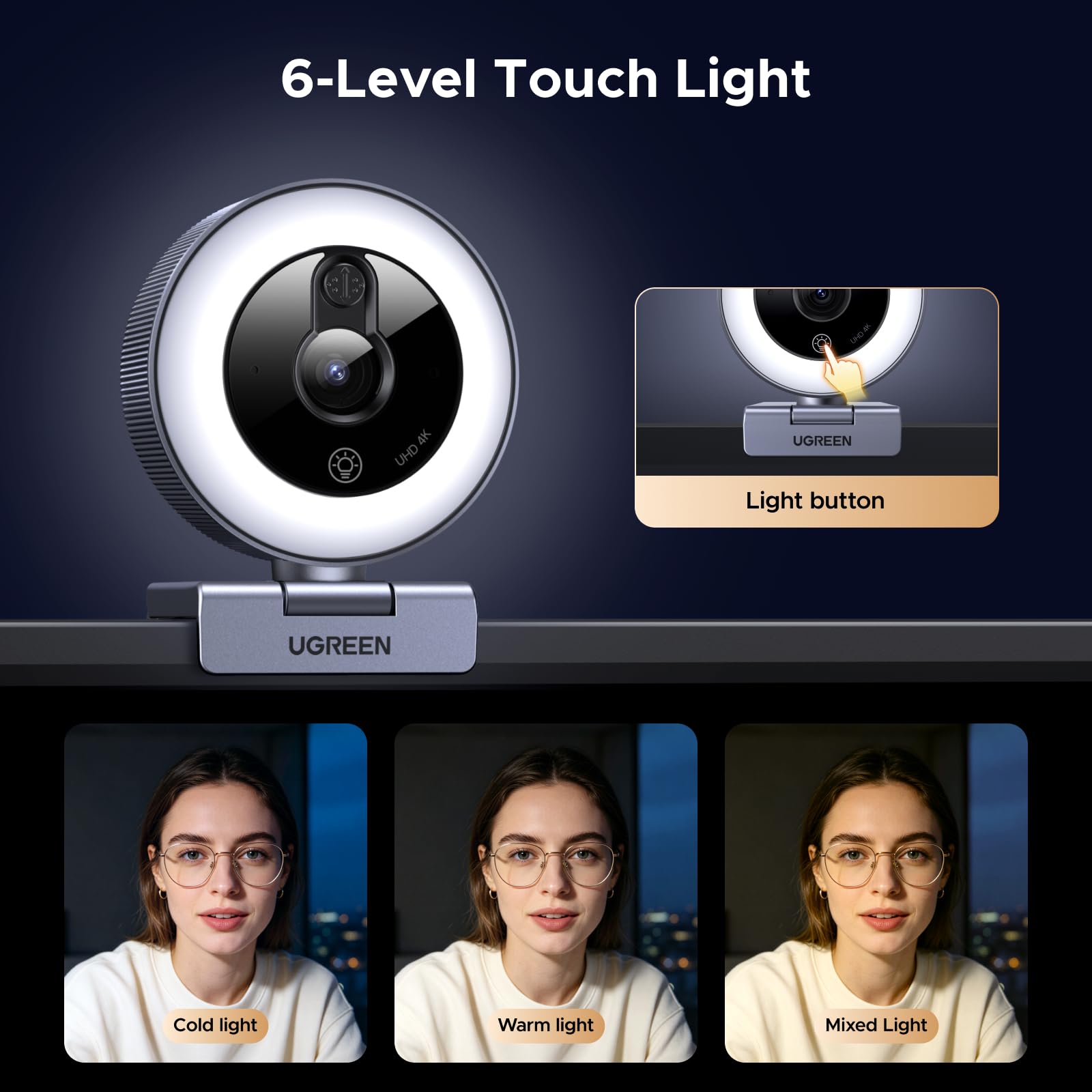 UGREEN 4K Webcam 30FPS Ultra HD Webcam Enfoque Automático Anillo de Luz LED