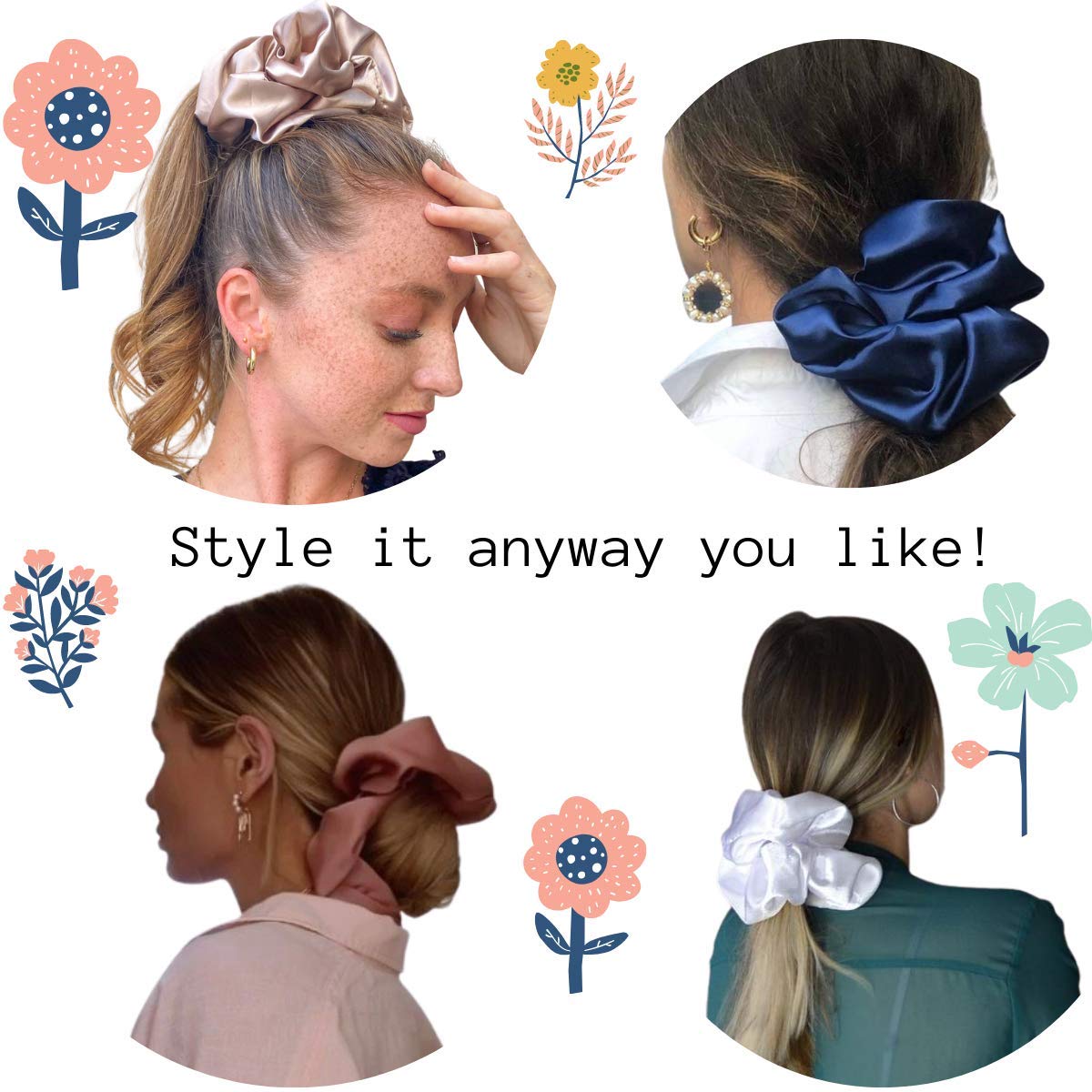 Coleteros de satén XL de gran tamaño para mujeres y niñas, prevención del encrespamiento, soporte para el cabello para dormir, banda elástica grande para moño de cola de caballo, lazos para el cabello