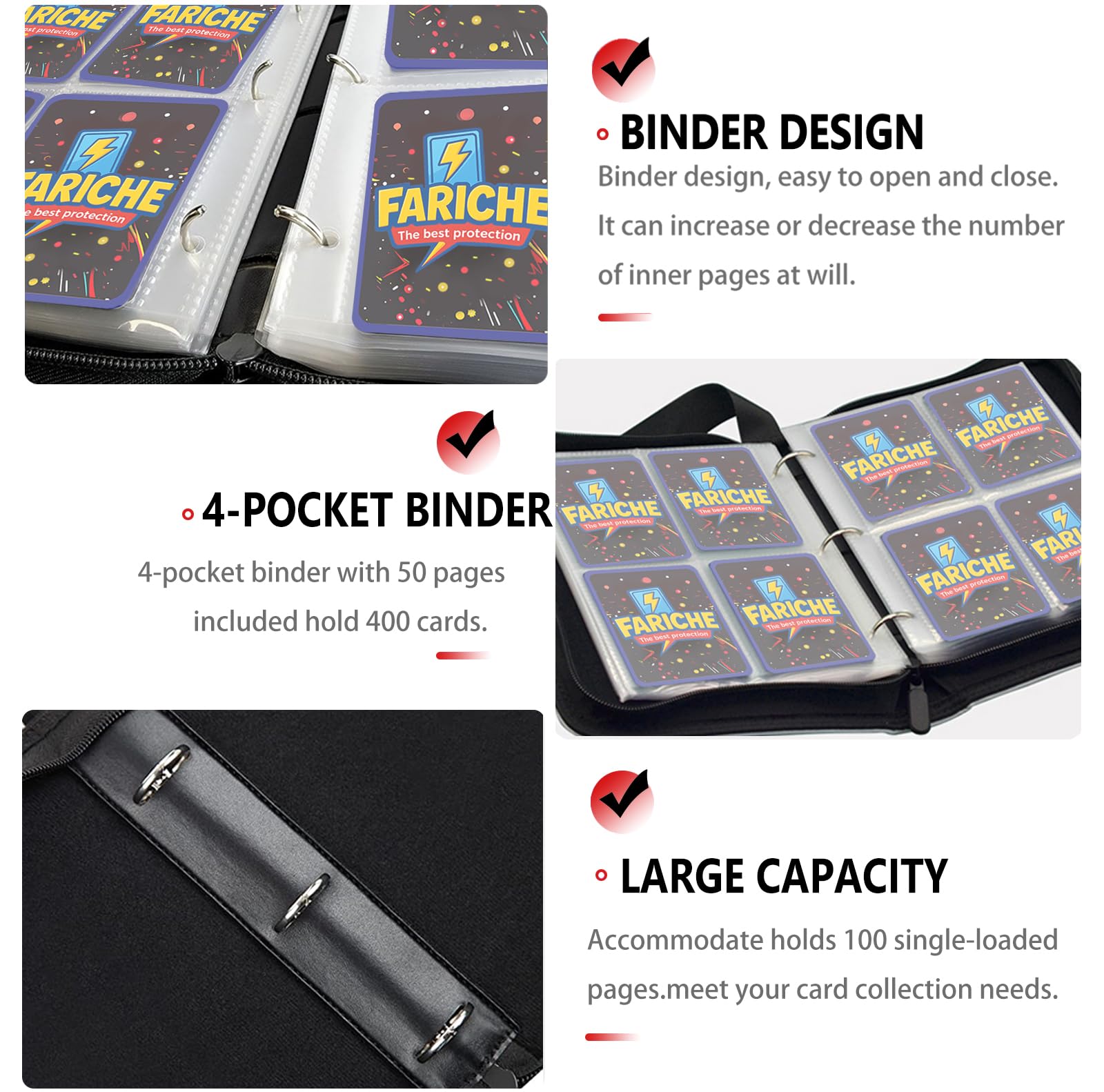 Segregator na karty kolekcjonerskie TCG, 4-kieszeniowy przenośny segregator na karty Ablum, pasuje do 400 kart z 50 zdejmowanymi rękawami, wodoodporne etui do przechowywania, 4 kolory