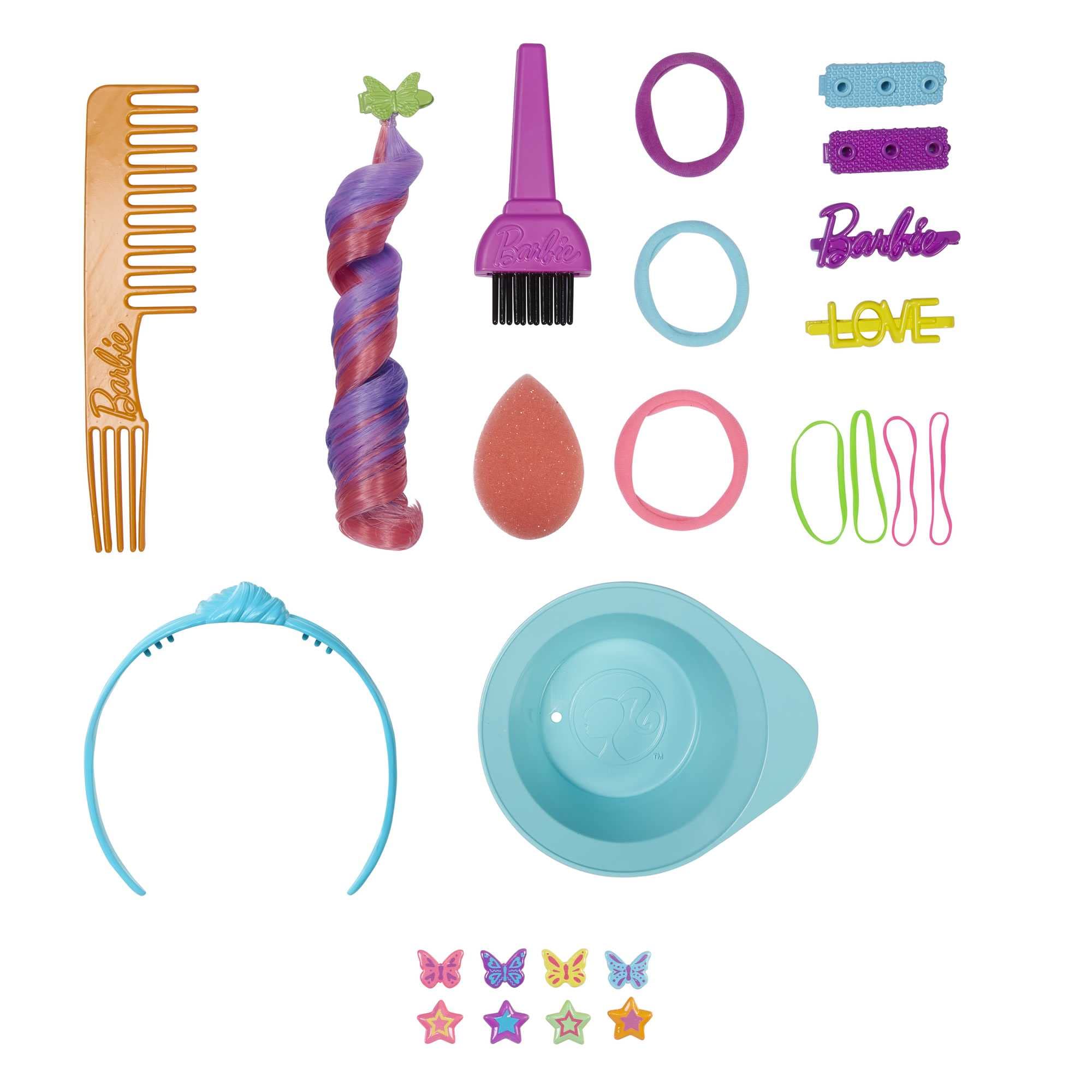 Barbie Głowa do stylizacji Neonowa tęcza Kręcone włosy z neonowo-tęczowymi pasemkami + akcesoria Color Reveal, HMD79