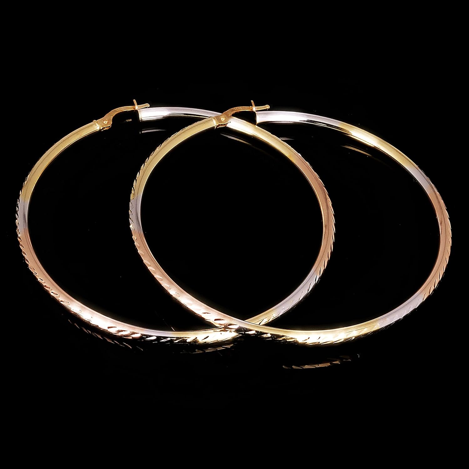 14k Tri Color Gold Diamond Cut Round Hoop Earrings 2.3" 2.5mm 3.6 grams