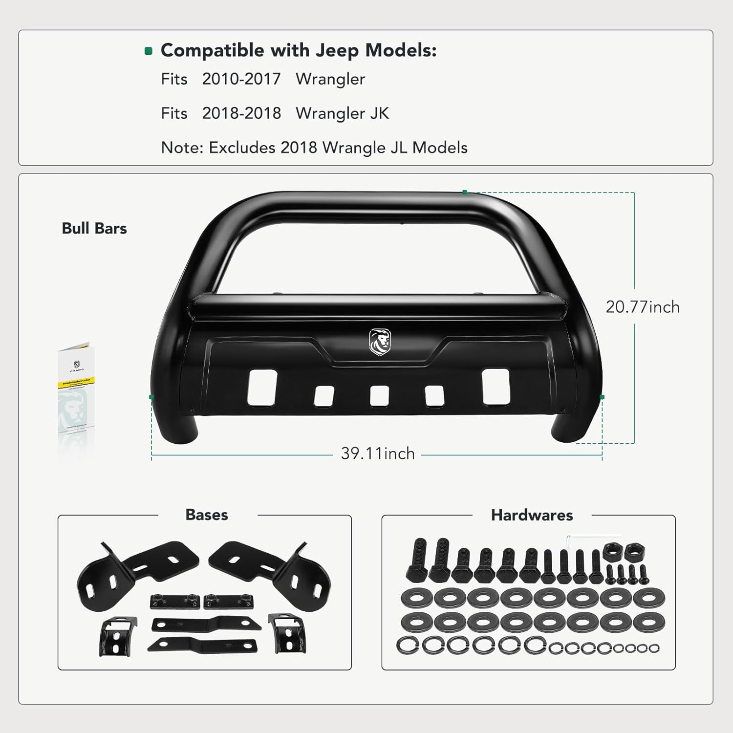 YHTAUTO 3.5" Bull Bar Push Bar w/Skid Plate Light Mount Fit Jeep Wrangler 2010-2017, Wrangler JK 2018(Excl. 18 Wrangle JL Models), Alloy Steel Brush Guard for Truck Front Bumper Off Road Accessories