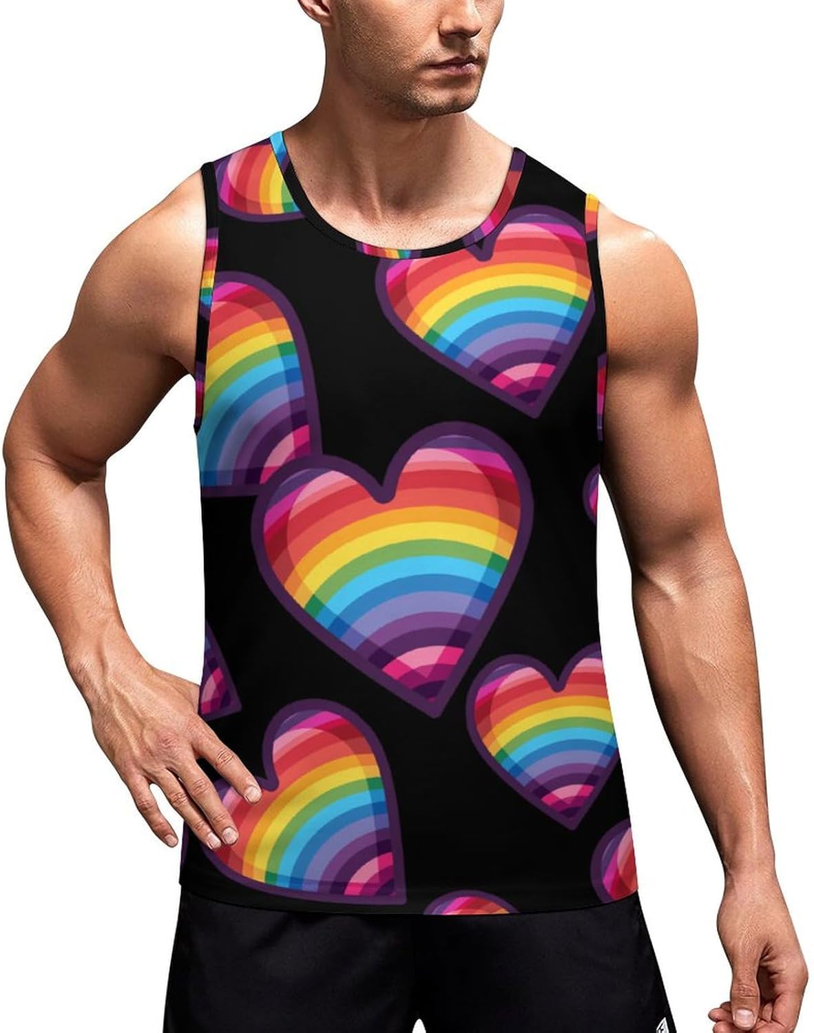 Rainbow Heart Men's Tank Top Sleeveless Muscle Shirts Vest Beach T Shirts for Workout Gym