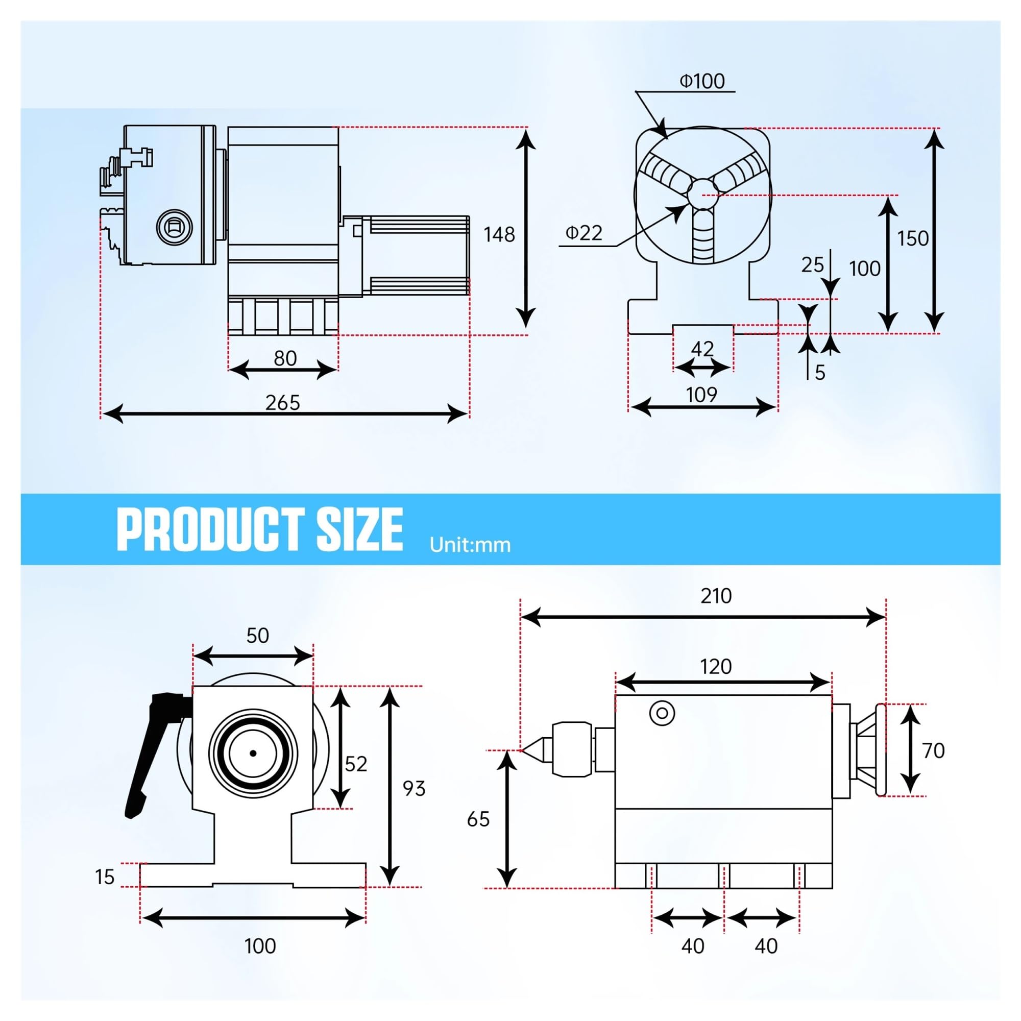 Kit de réducteur de Vitesse de tête de Division 10:1 CNC Rotatif 4ème quatrième axe avec 3 4 mâchoires mandrin 100 mm / 130 mm(3 Jaws 100mm Chuck)