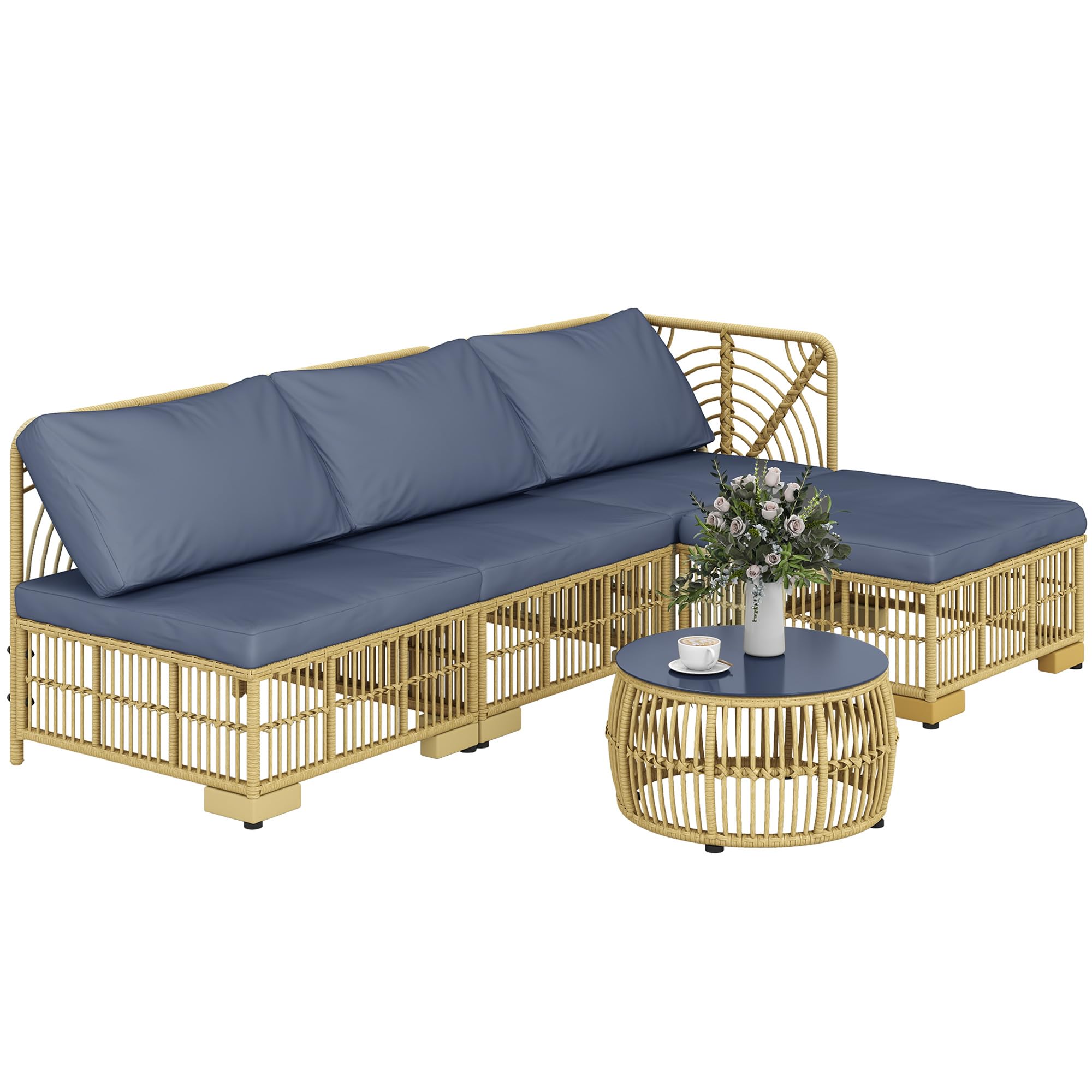 Outsunny Salotto in Rattan per Esterno da 5 Pezzi, Salottino da Giardino con Divano Modulabile, Cuscini e Tavolino da Caffè con Vetro, Grigio