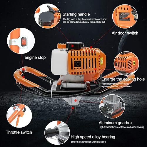 Miniatura 5 de Excavadora de agujeros de poste de gas de 1900 W con taladro de tierra de motor de gasolina de 2 tiempos de 52 CC con varilla de extensión y 3