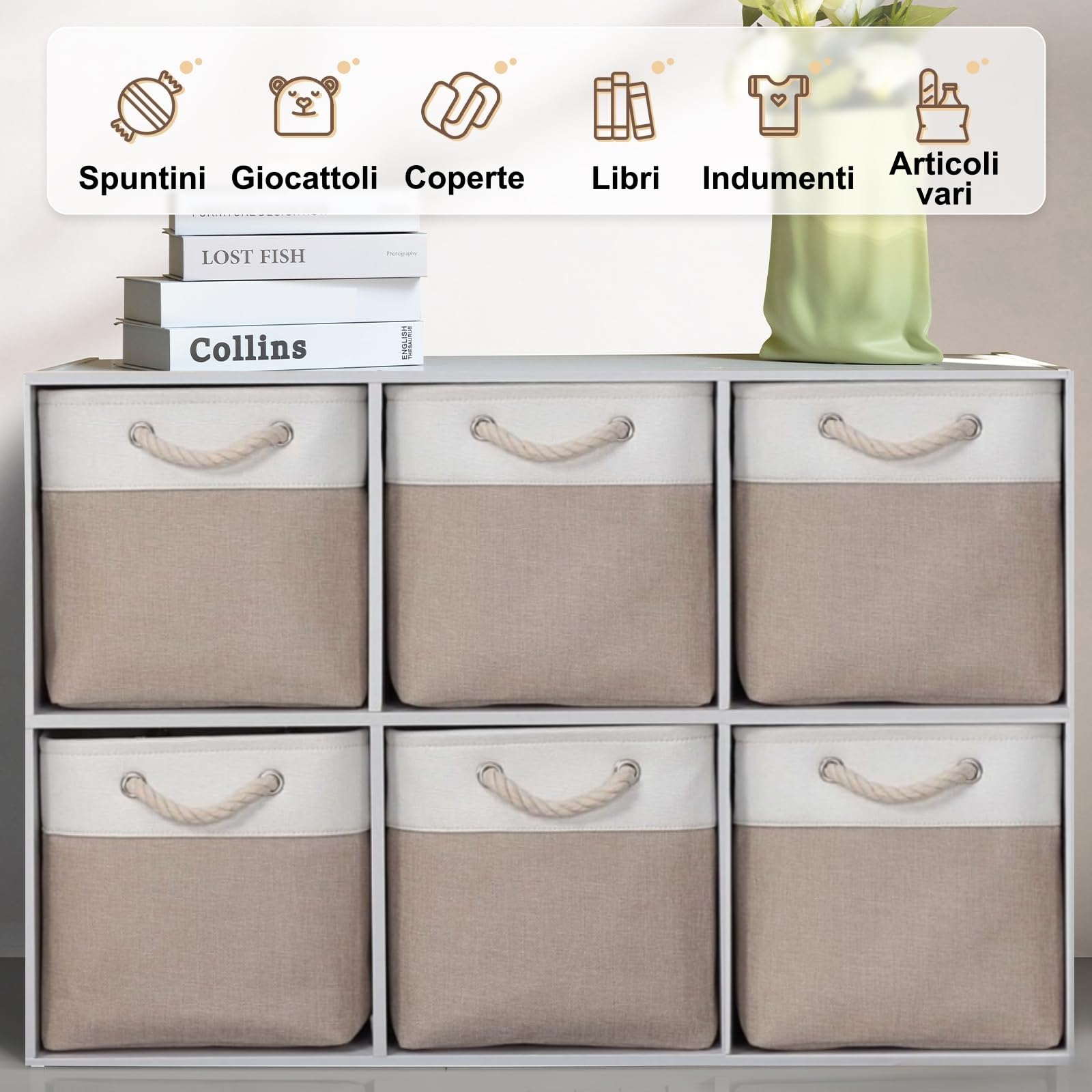 Set da 6 scatole portaoggetti cubiche 28x28 cm in tessuto, con manici in corda di cotone, per riporre abiti, cameretta dei bambini e casa (Cachi/Bianco)