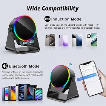 Wireless Induction Speaker- 5 in1 Bluetooth Speaker Phone Stand with Colorful Ambient Light 360 Rotation Compatible with iPhone Android iPad Samsung Galaxy- Unique Birthday Gift for Men Women Adults