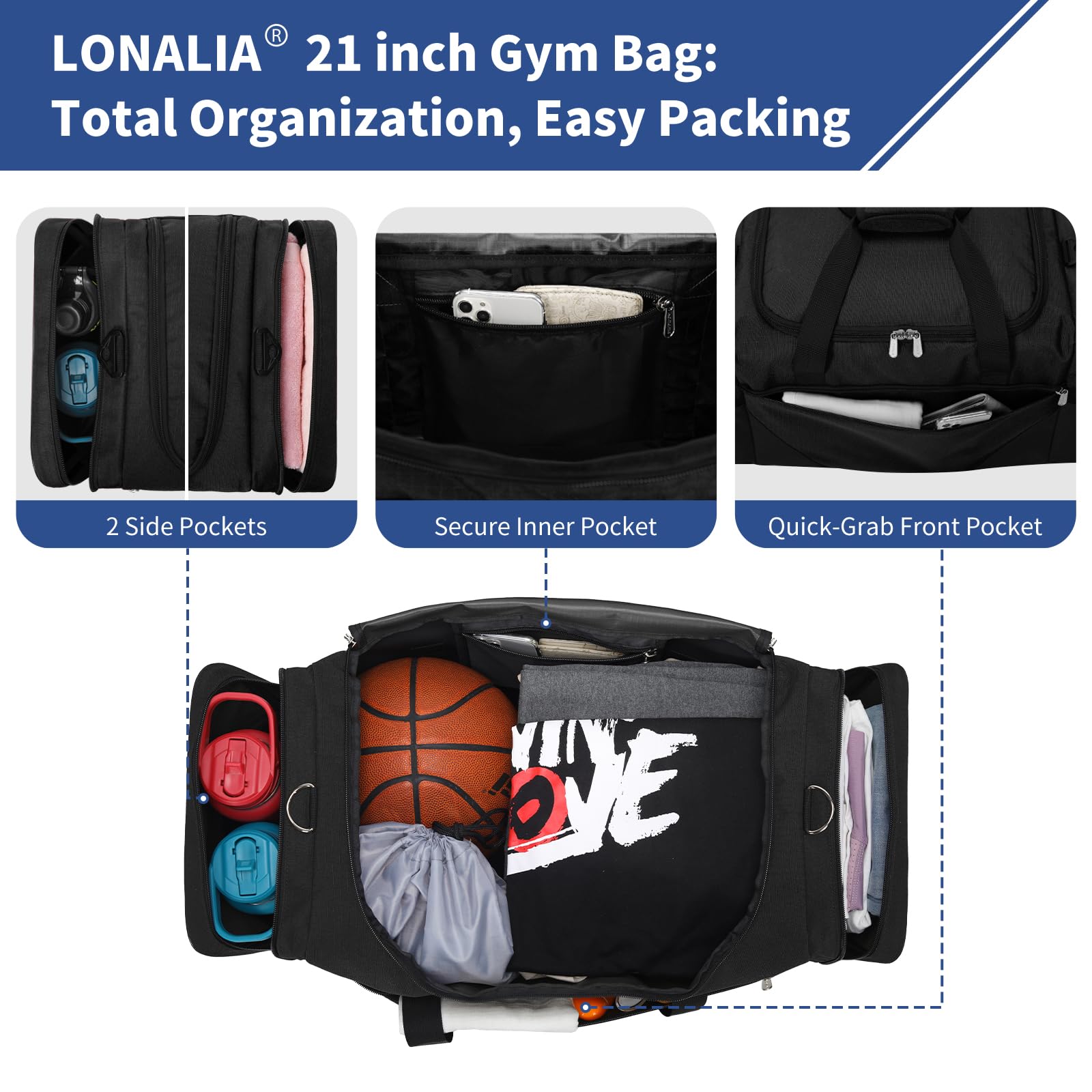 Bolsa deportiva de 45 litros, Black, 21inch, Bolsa de lona
