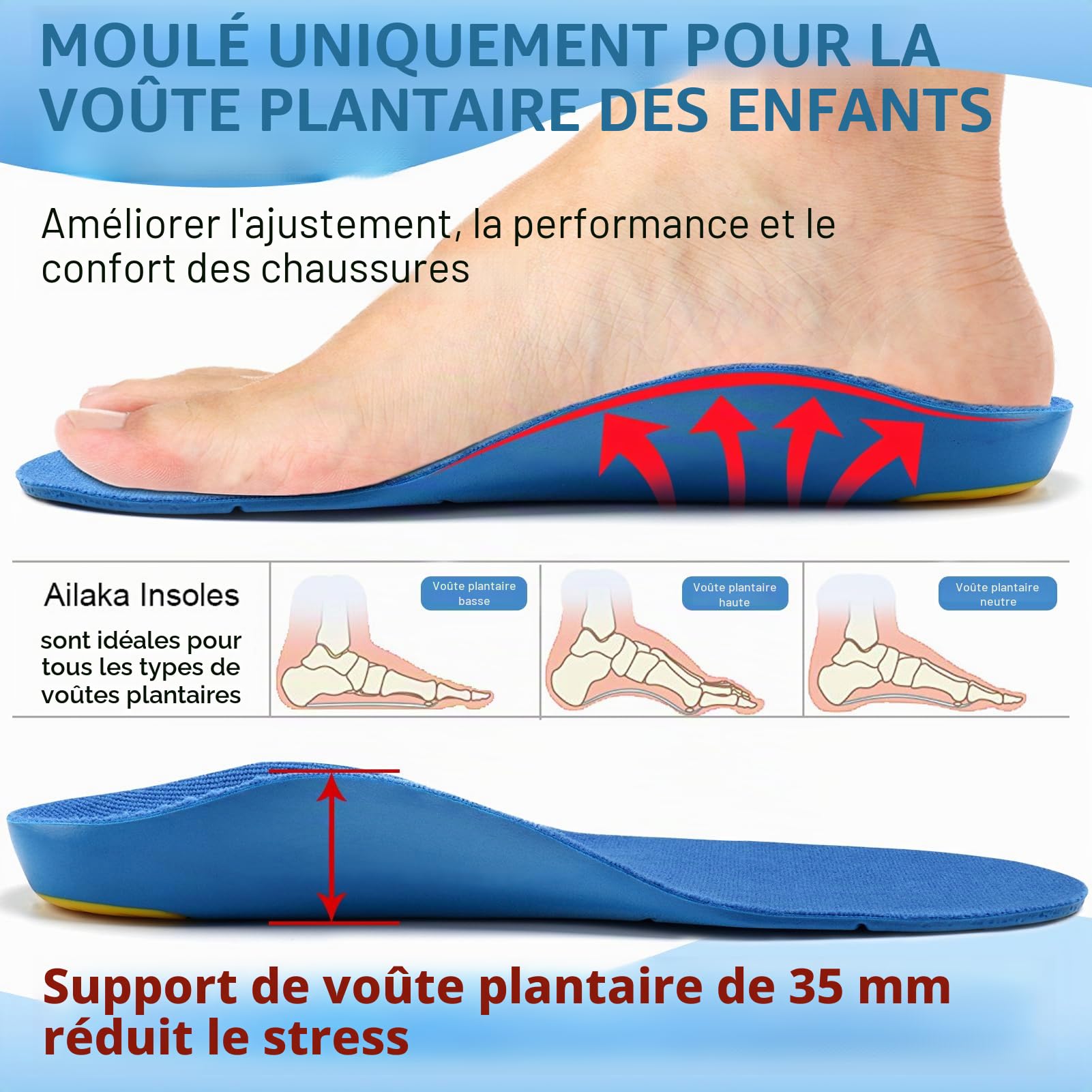 Ailaka enfants semelles orthopédiques soutien voûte plantaire, semelles de soutien de la voûte plantaire pour pieds plats, fasciite plantaire, soulagement des douleurs au talon