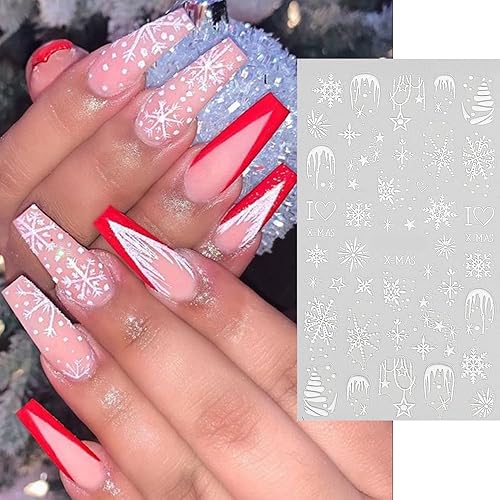 Miniatura 2 de Calcomanías de uñas de copo de nieve, 4 hojas de calcomanías de uñas de copo de nieve de Navidad 5D, autoadhesivas, tema de invierno, calcomanías de
