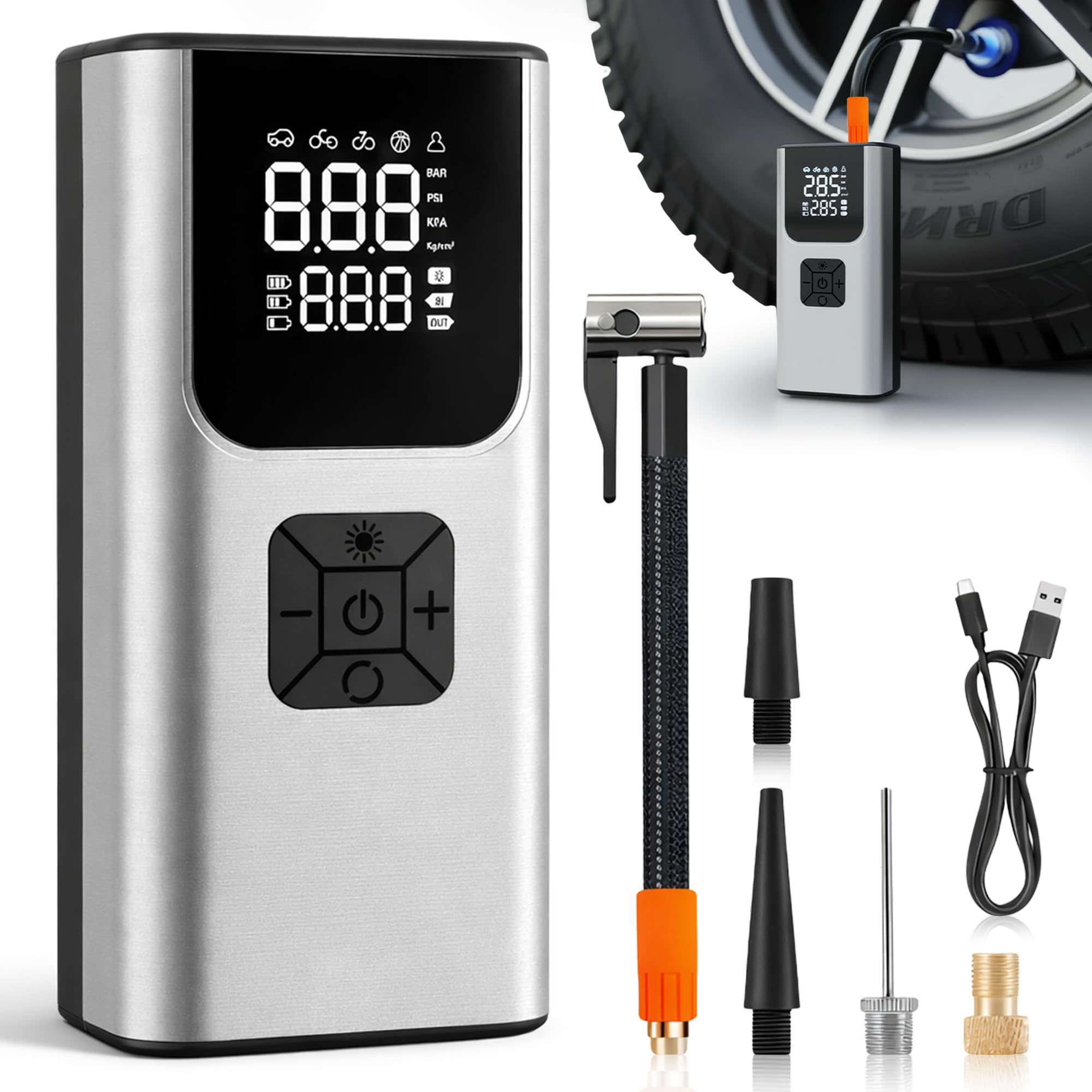 Inflador Ruedas Coche - 150 PSI - Compresor Aire Portatil - Hinchador Ruedas Coche - inflador electrico - manometro presion neumaticos - Luz LED - Con Parada Automatica - Para Coche - Moto - Bicicleta