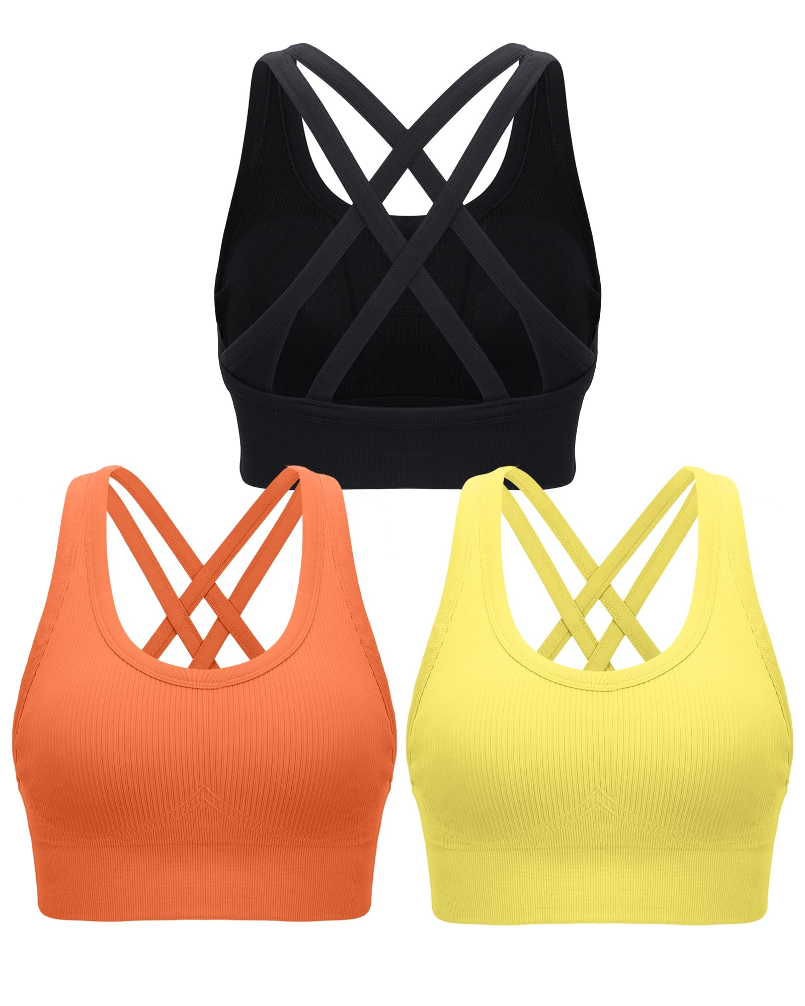 RUNNING GIRL High Impact Sports Bras for Women,Strappy Crisscross Black Sports Bra High Support with Removable Pads(WX3011_Black+Yellow+Orange_S)