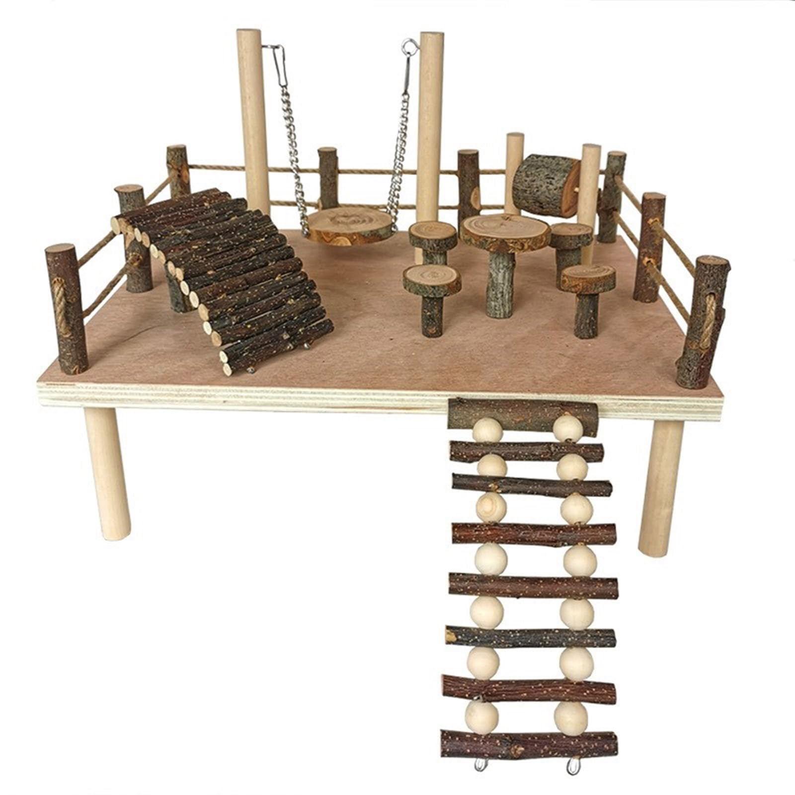 Los juguetes de madera para hámster están diseñados para soportar la masticación y proporcionar un disfrute duradero. Plataforma de entretenimiento de hábitat con escalera con escalera