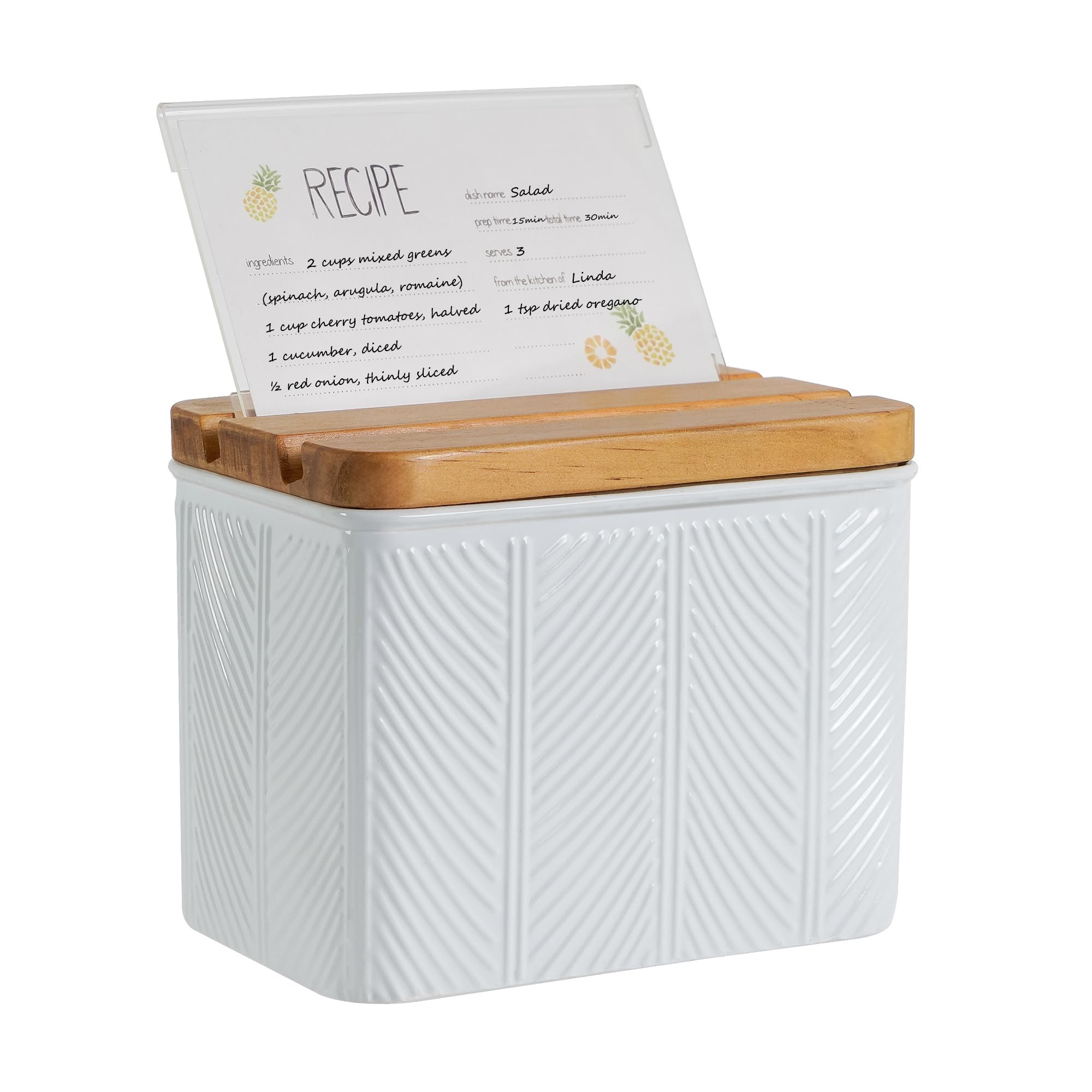 HOME PALETTE Recipe Box with Cards and Dividers Set 4x6 Recipe Holder for Kitchen Counter Metal White Diagonal Stripe Pattern Embossed Recipe Card Box with Wooden Grooved Lid