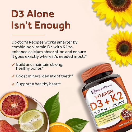 Miniatura 3 de Doctor's Recipes Vitamina D3 K2, 10,000 UI, 200 mcg, MK-7, fuerte densidad ósea, dientes, inmune, apoyo cardíaco, energía, absorción de calcio, sin
