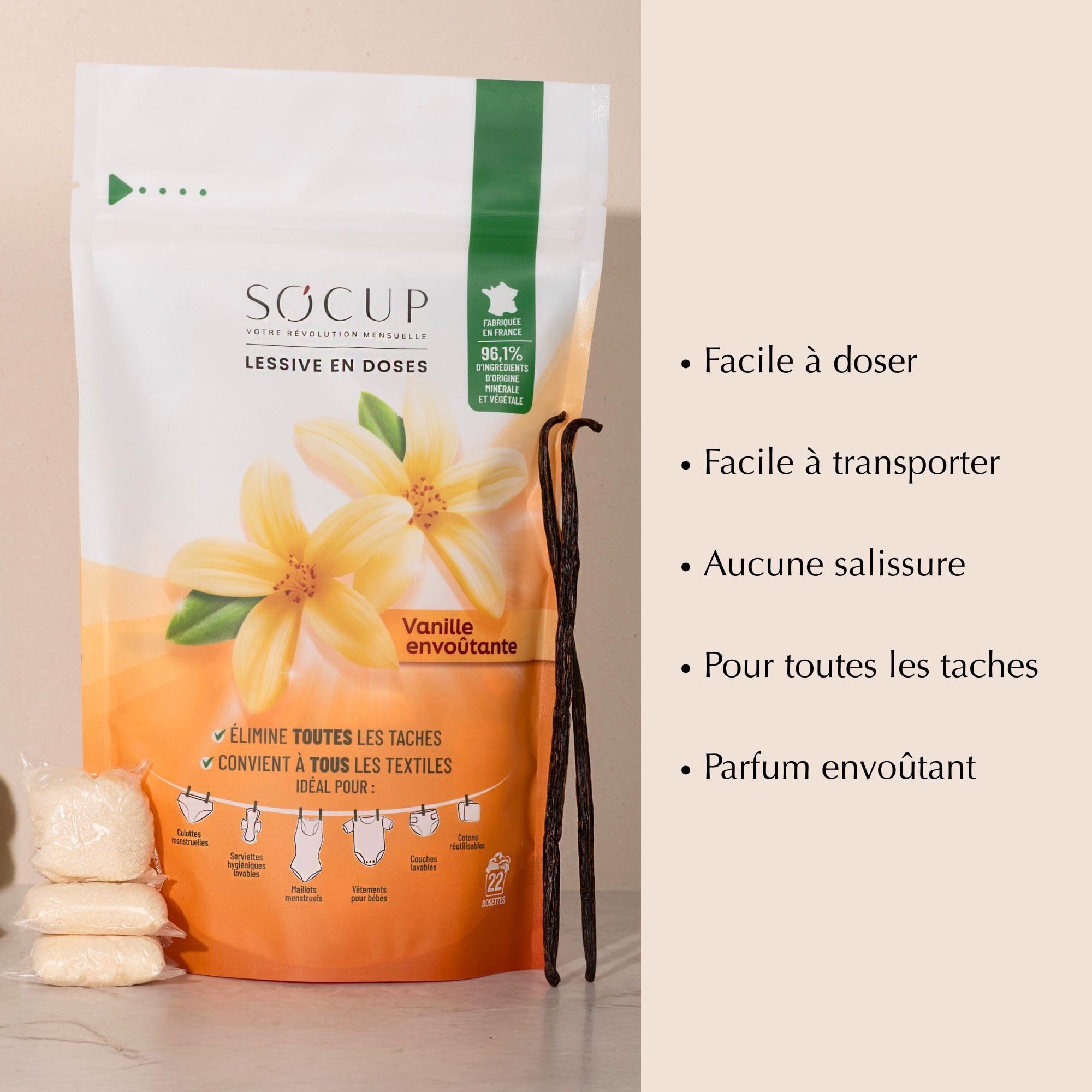 Lessive en Doses pour Culottes Menstruelles, Maillot de Bain Menstruel, Serviettes Hygiéniques et Couches Lavables｜ Vanille Envoûtante ｜ 96% d'origine minérale et végétale