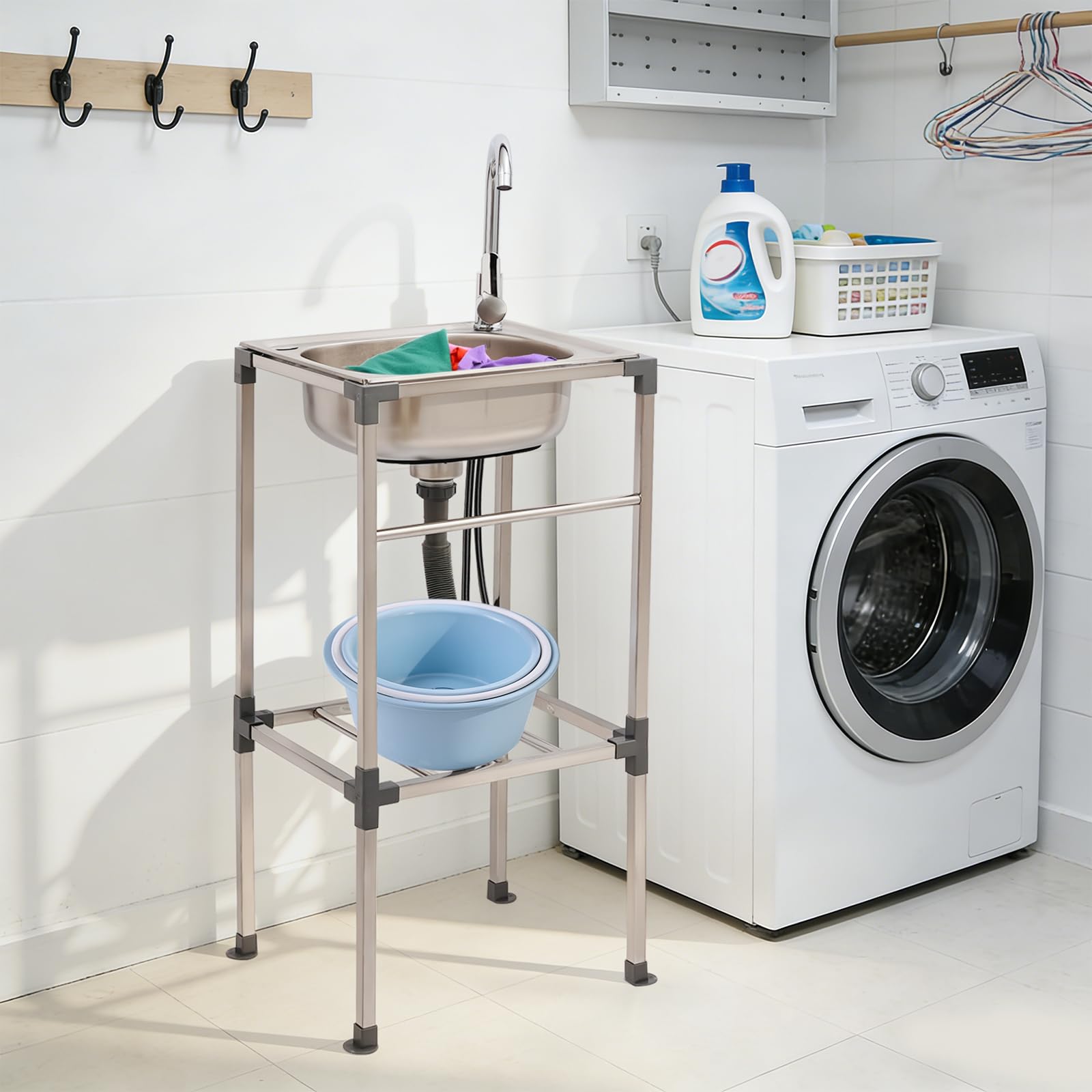 Lavello in acciaio inox da cucina 1 vassoio professionale, lavello in acciaio inox autoportante con rubinetto e accessori, miscelatore caldo freddo, vasca portatile giardino esterno garage campeggio