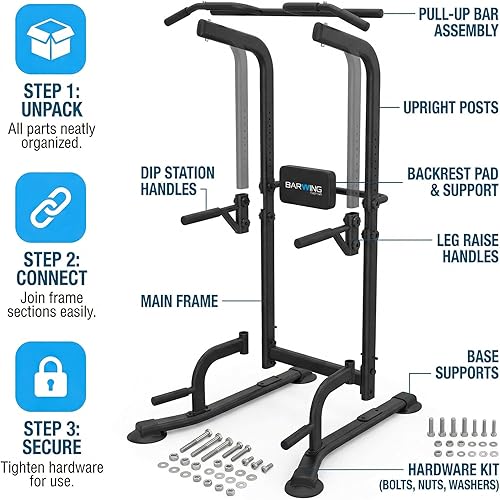 Miniatura 8 de BARWING Estación de barra para dominadas, torre de potencia, estación de fondos con respaldo 3D, soporte rack de entrenamiento de fuerza Negro