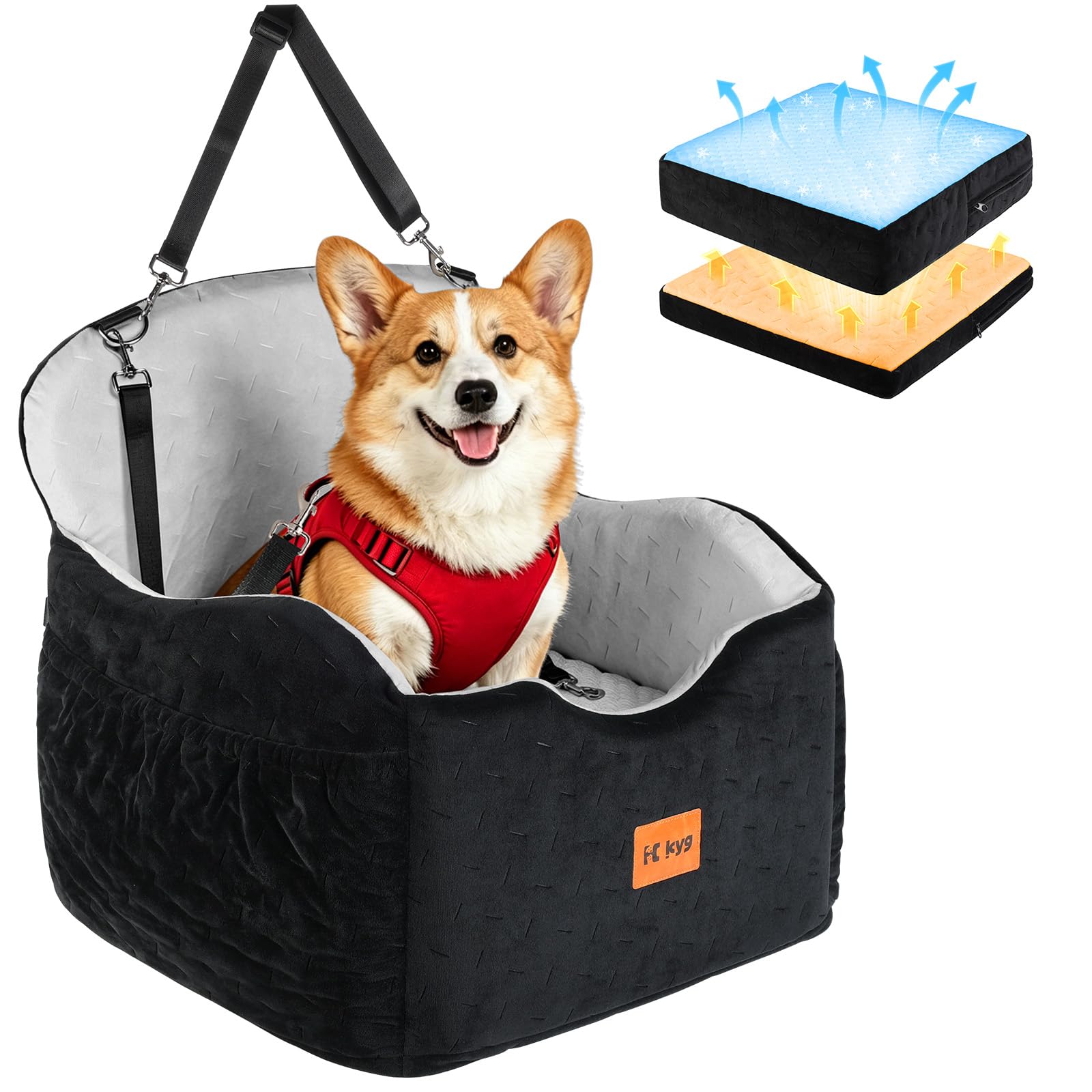 KYG Washable Dog Car Seat, Dog Bed for Car with Cooling & Warm Booster Pads, Secure Dog Car Seat Medium Small Sized Dog with Safety Harnesses, Front Seat Pet Travel Bed