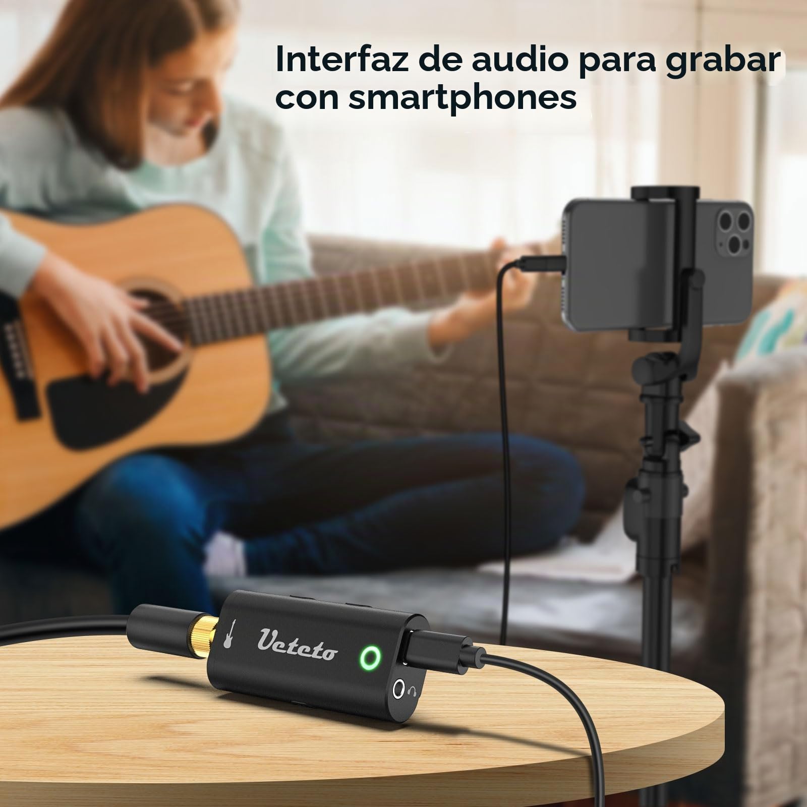 Ueteto Interfaz de audio para guitarra, tarjeta de sonido de grabación interna portátil para transmisión en vivo para iPhone, iPad y teléfonos inteligentes y tabletas Android, no necesita controlador