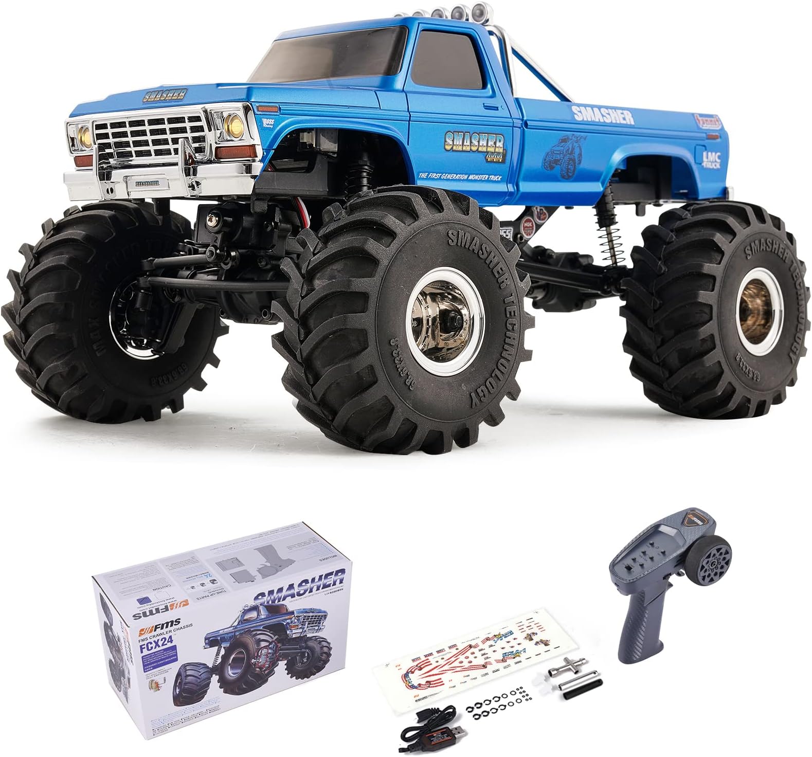 WOWRC RC Truck Crawlers FMS FCX24 Smasher, 1/24 Remote Control Monster Truck Mini RC Rock Crawler, Hobby RC Cars 8km/h 2 Speed Transmission for Adults, 2.4Ghz RTR with Battery, USB Charger, Blue