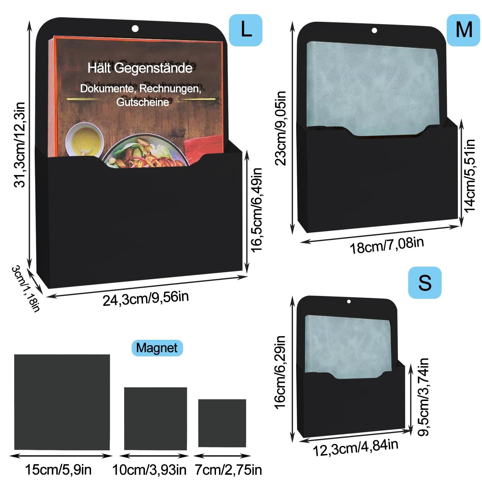 Supporti magnetici per documenti 3 misure S/M/L nero