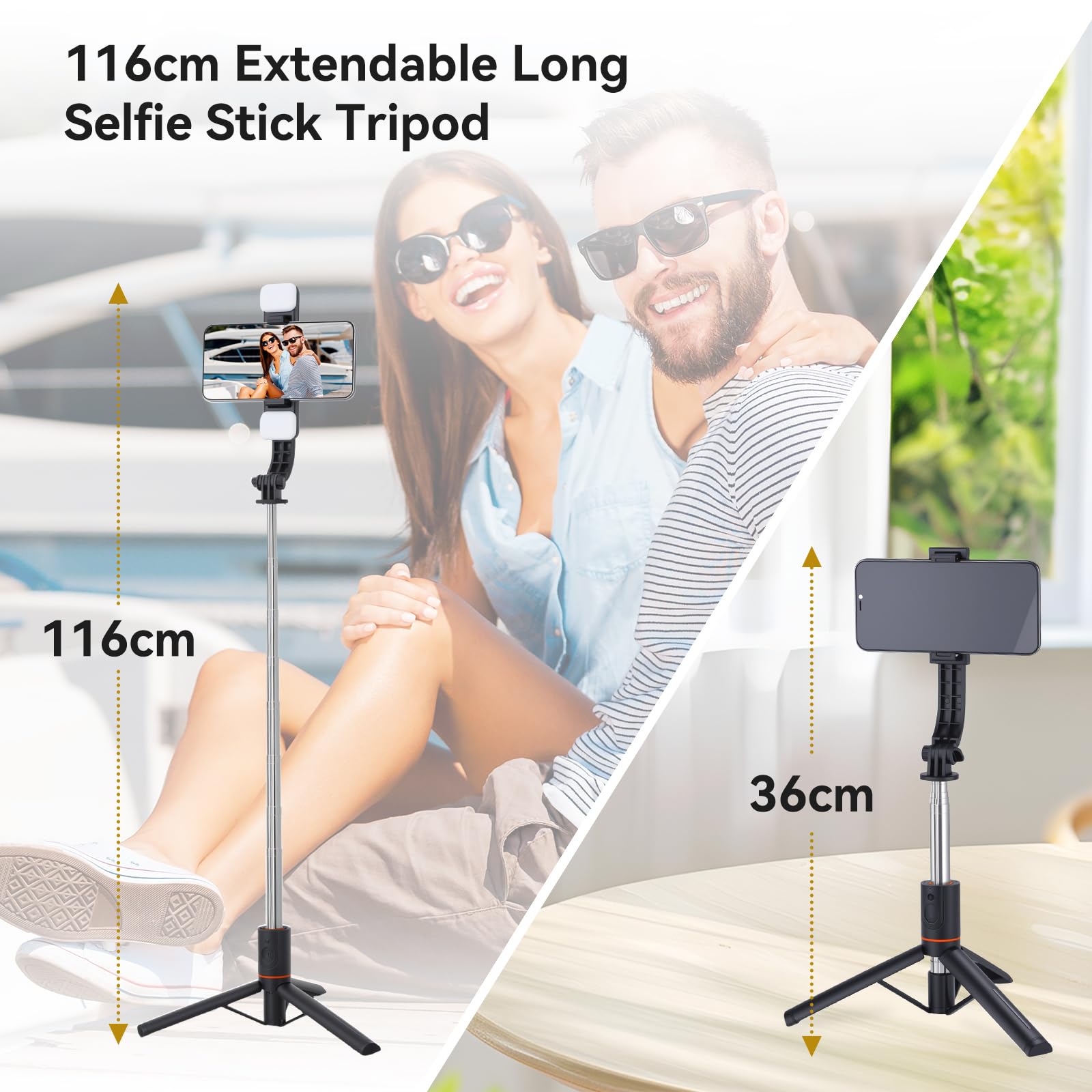 UTEBIT 116CM Trépied Telephone Portable Rétractable avec 2 Lumière, Perche a Selfie, Support de Téléphone avec Télécommande Détachable pour iPhone,Android,Gopro,Appareil Photo