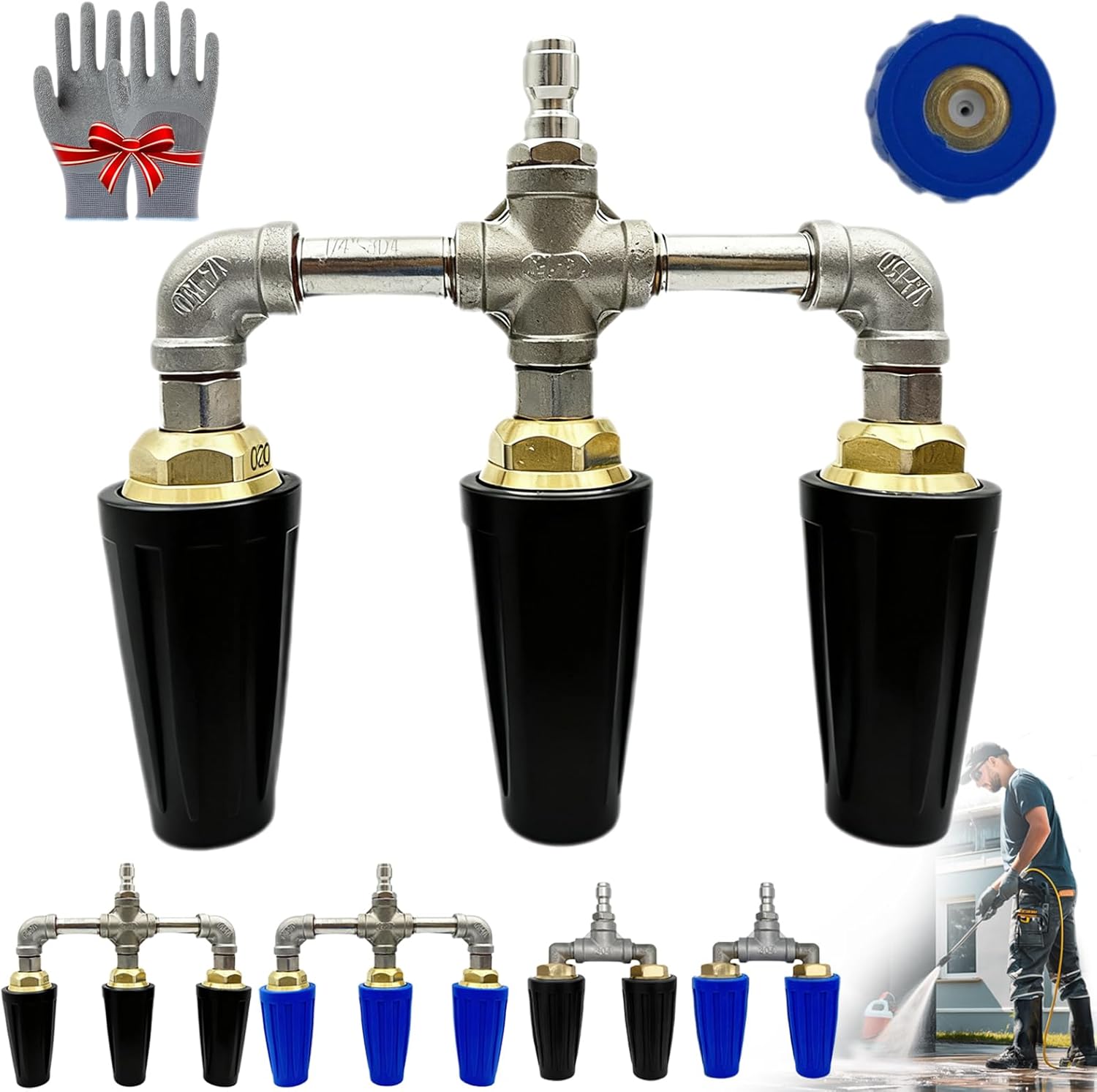 4000 Psi Triple Turbo Nozzle Pressure Washer, 360° Rotating Nozzle Triple Nozzle Pressure Washer, with 1/4" Quick Connector, 4-6 GPM, 4000 PSI Max, for Power Washer (Triple (Blue))