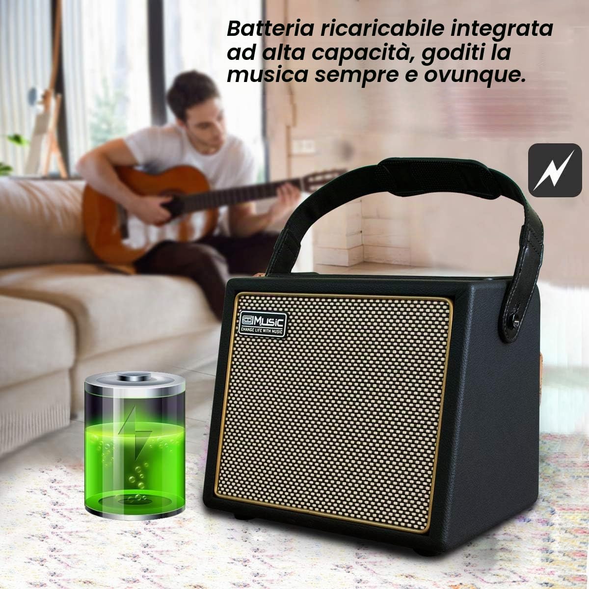 Coolmusic amplificatore portatile per chitarra acustica da 30 W con ingresso microfono, Bluetooth integrato, batteria ricaricabile con prestazioni fino a 8 ore