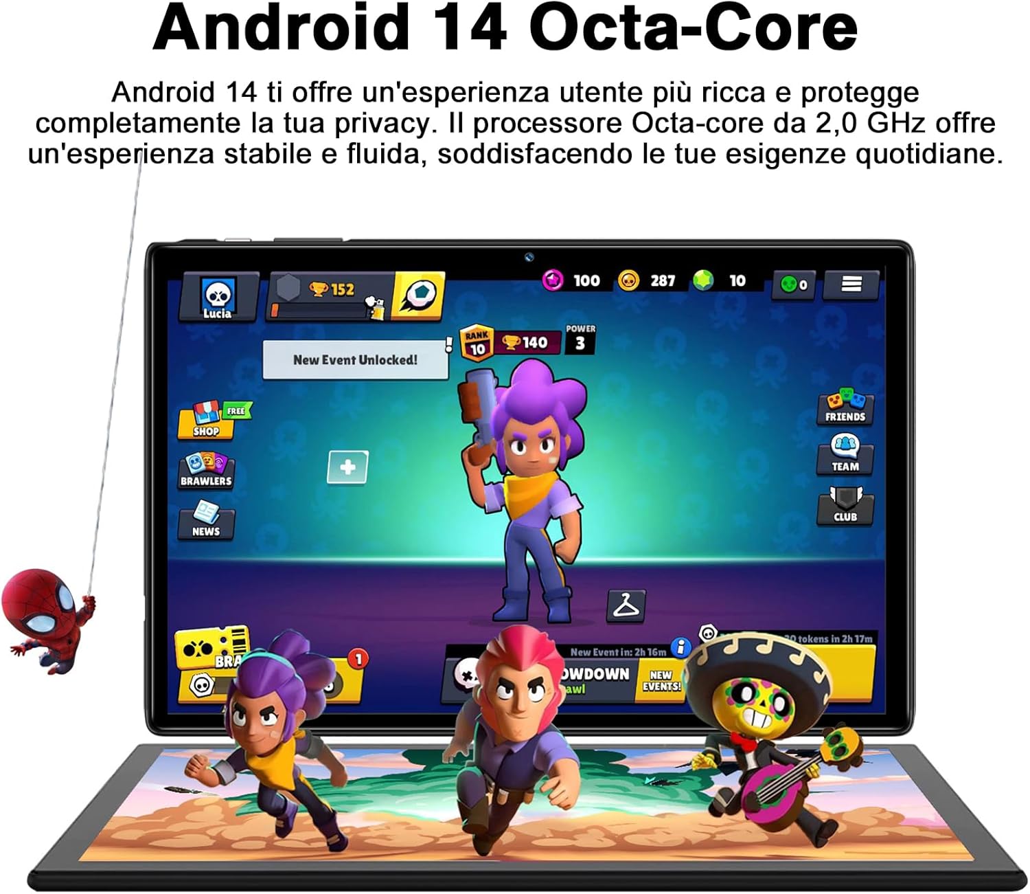 SUAAT S10 tablet displaying a game, highlighting the smooth performance of the Android 14 Octa-Core processor.