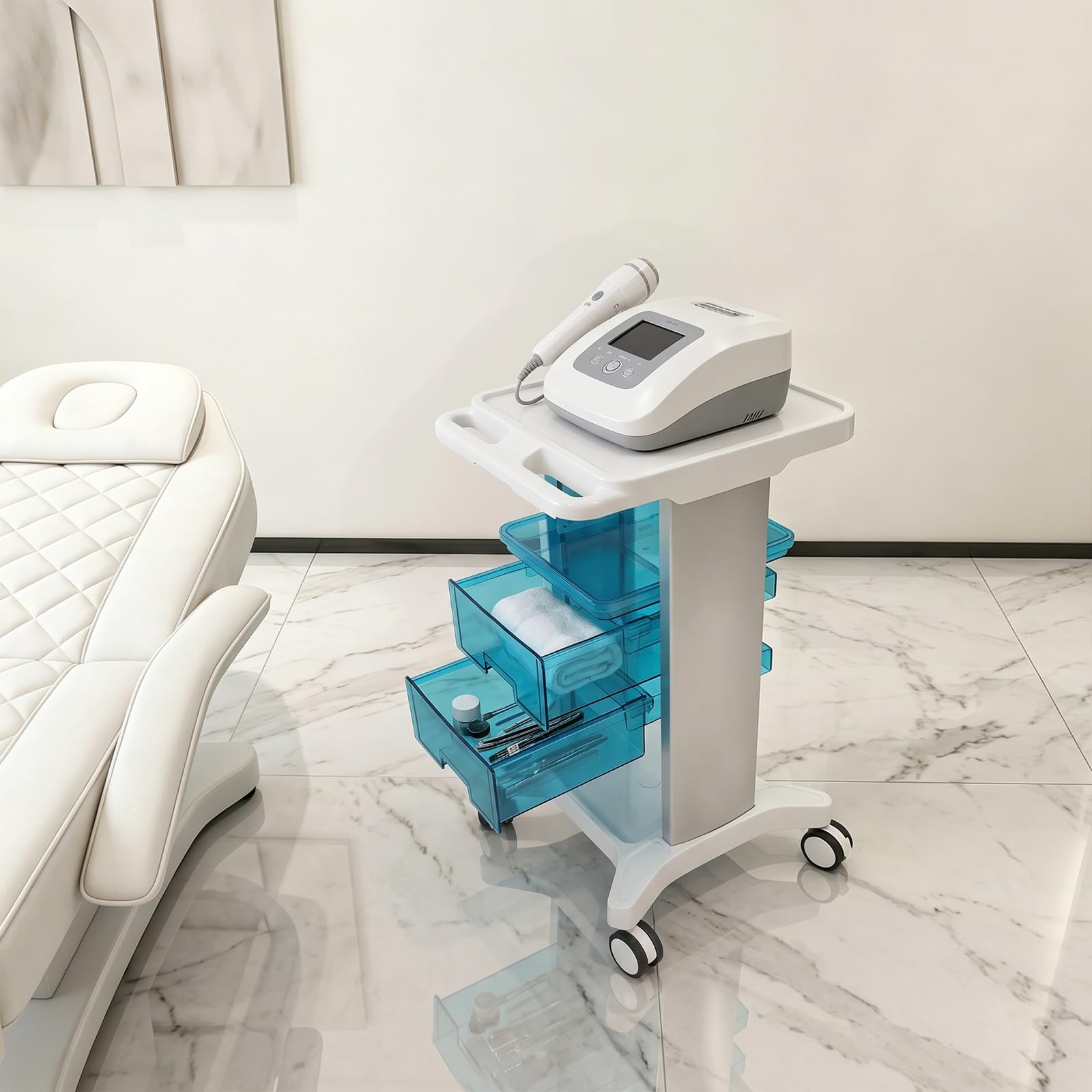 Wózek medyczny z 2 szufladami, 1 półka do laboratorium | Wózek kosmetyczny z obrotowymi kółkami Mobilny wózek do serwowania udźwig 100 kg 44,5 x 41,7 x 75 cm biały, niebieski