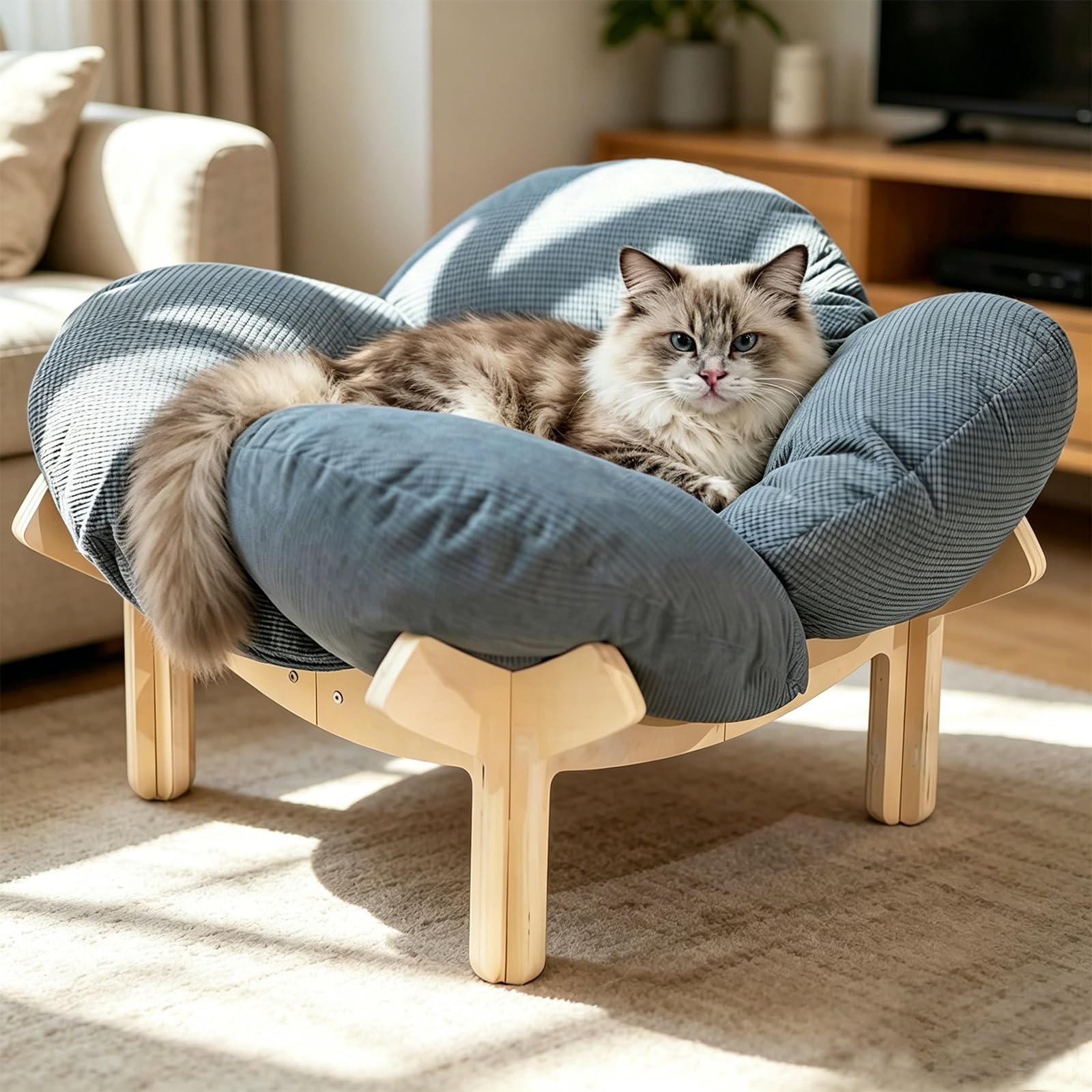 Erhöhtes Katzenbett aus Holz, Flauschiges Katzensofa in Blumenform, Katzenkissen mit waschbarem & Holzrahmen für kleine Katzen, Hunde, Katzenmöbel, 55L x 55W x 32H cm