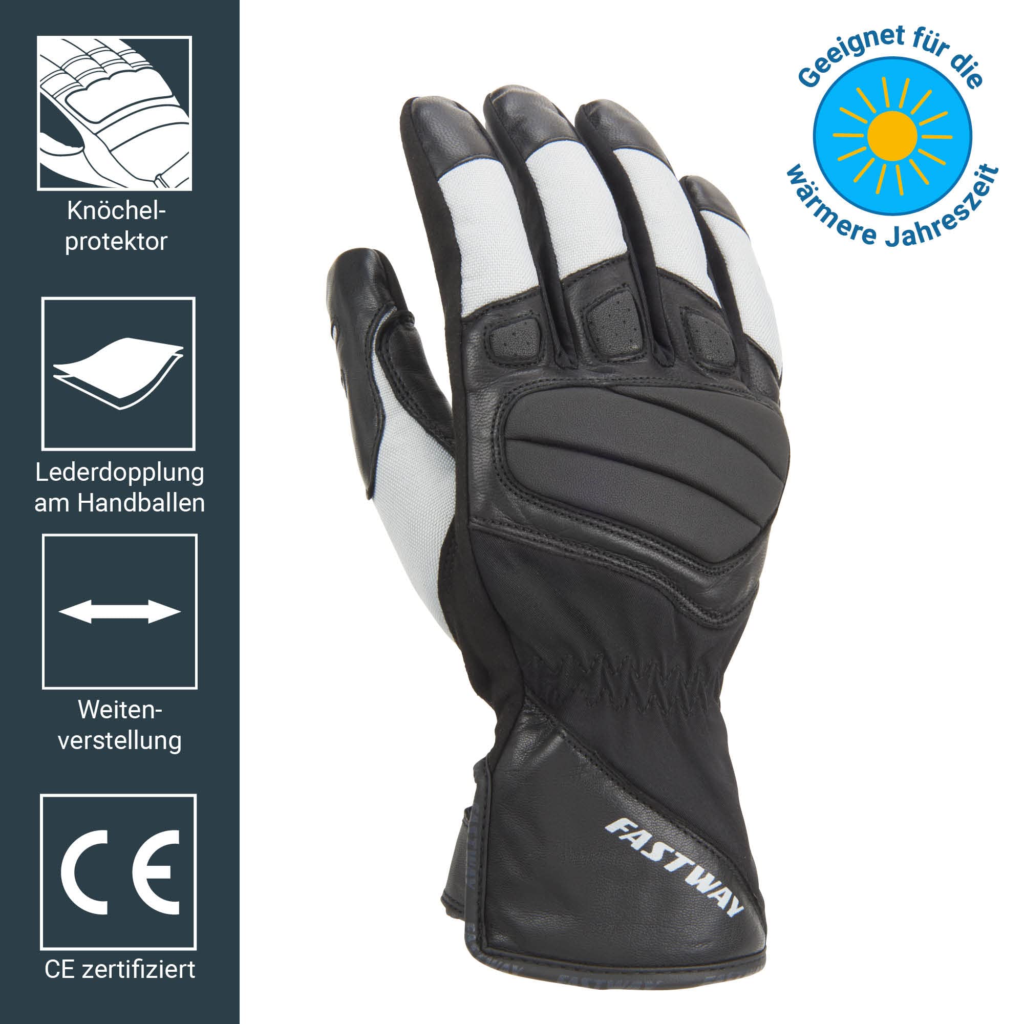 FAST WAY Easy II Motorradhandschuhe Sommer, CE Geprüfte Motorrad Handschuhe Herr & Frau, Hoch Abriebfest, Komfortabler Knöchelprotektor, Gepolsterter Handballen, Schwarz/Hellgrau, XS-3XL