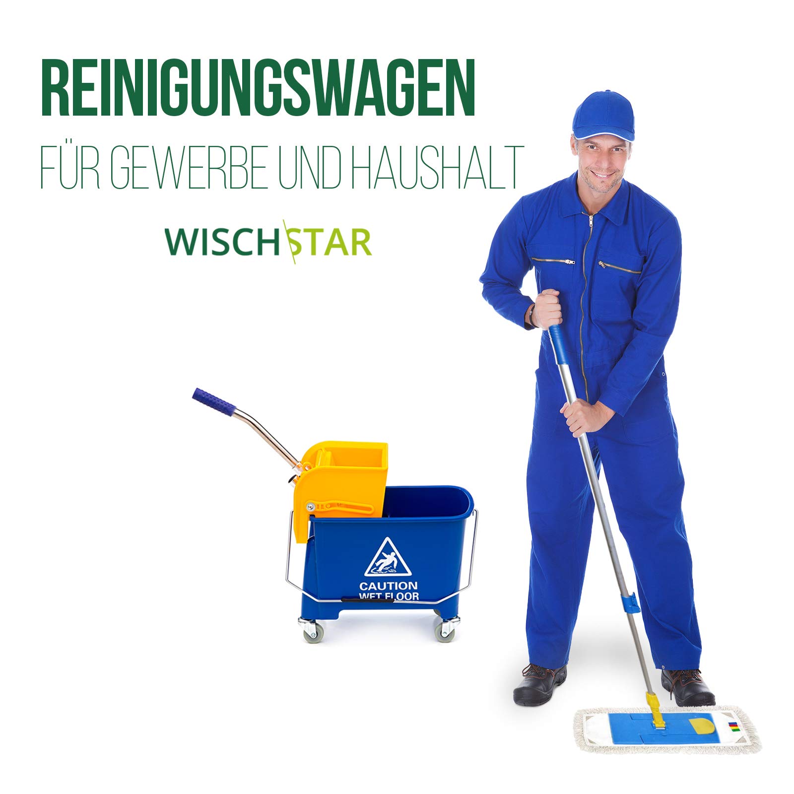 Wisch-Star Reinigungswagen mit Presse 40x27x35cm, inkl. 19L Putzeimer | Profi-Putzwagen für Privathaushalt & Gewerbe, mit Auswringer, 360° drehbaren Rollen, einfaches & komfortables Handling