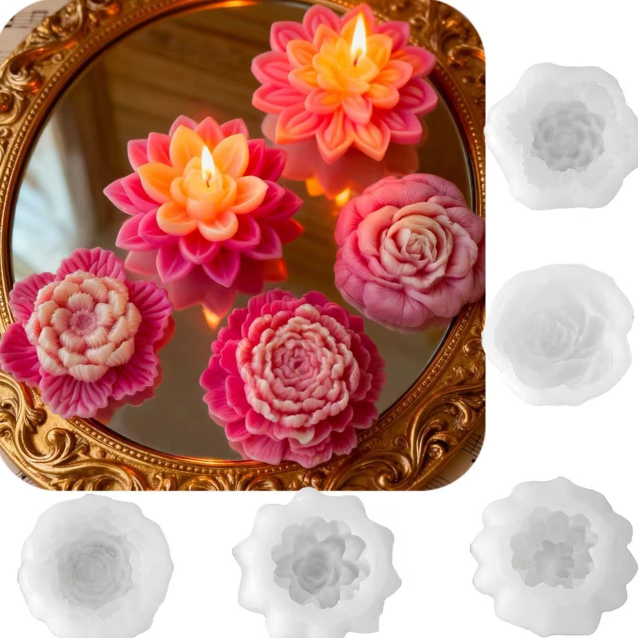 5 Pack 3D Flower Candle Molds for Candle Making Supplies, Lotus Resin Mold Silicone Water Lily Mold for DIY Scented Candles, Soy Wax, Epoxy Resin, Fondant, Cupcake Topper