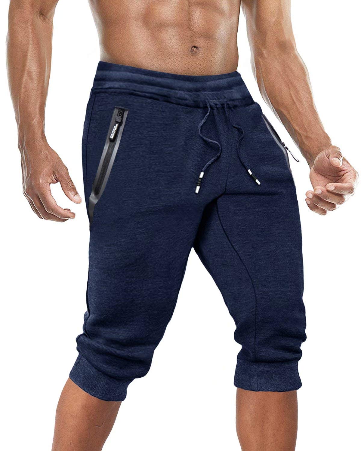 BIYLACLESENMen's 3/4 Joggers Capri Pants Gym Workout Below Knee Shorts with Zipper Pockets