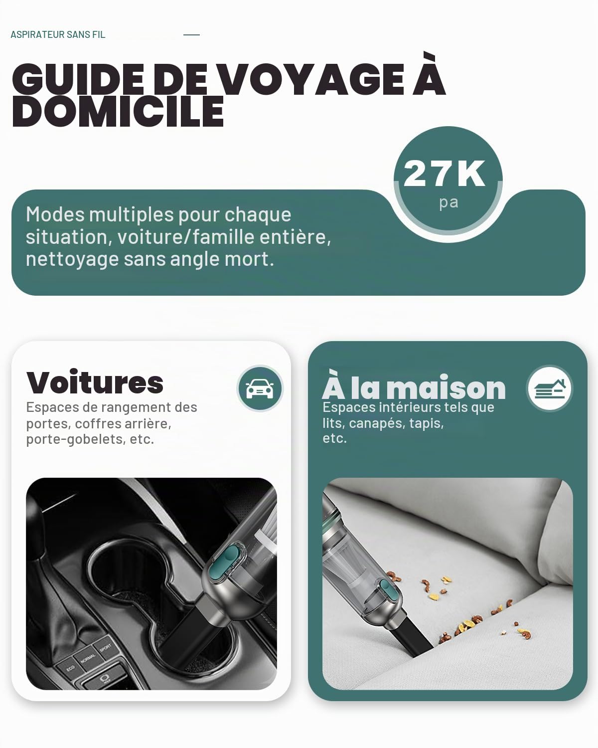 Aspirateur à Main, 27000Pa Aspirateur Voiture Puissant sans Fil