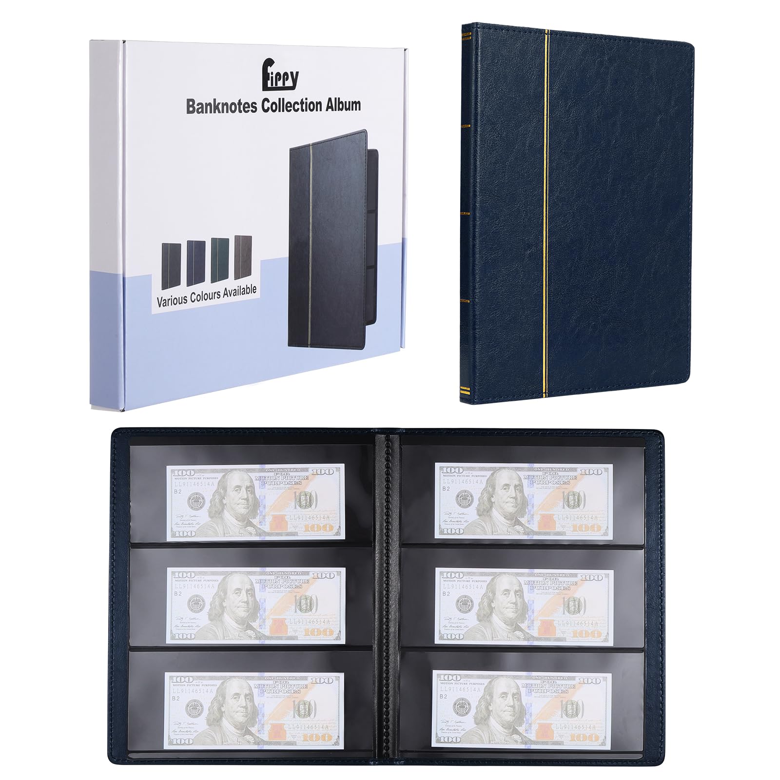 Fippy 60 Stück banknoten album geldschein album， Leder Papiergeld Sammelalbum Aufbewahrung Album für Banknoten Rechnungsstempel Aufbewahrung Display (Blau) Spielzeug