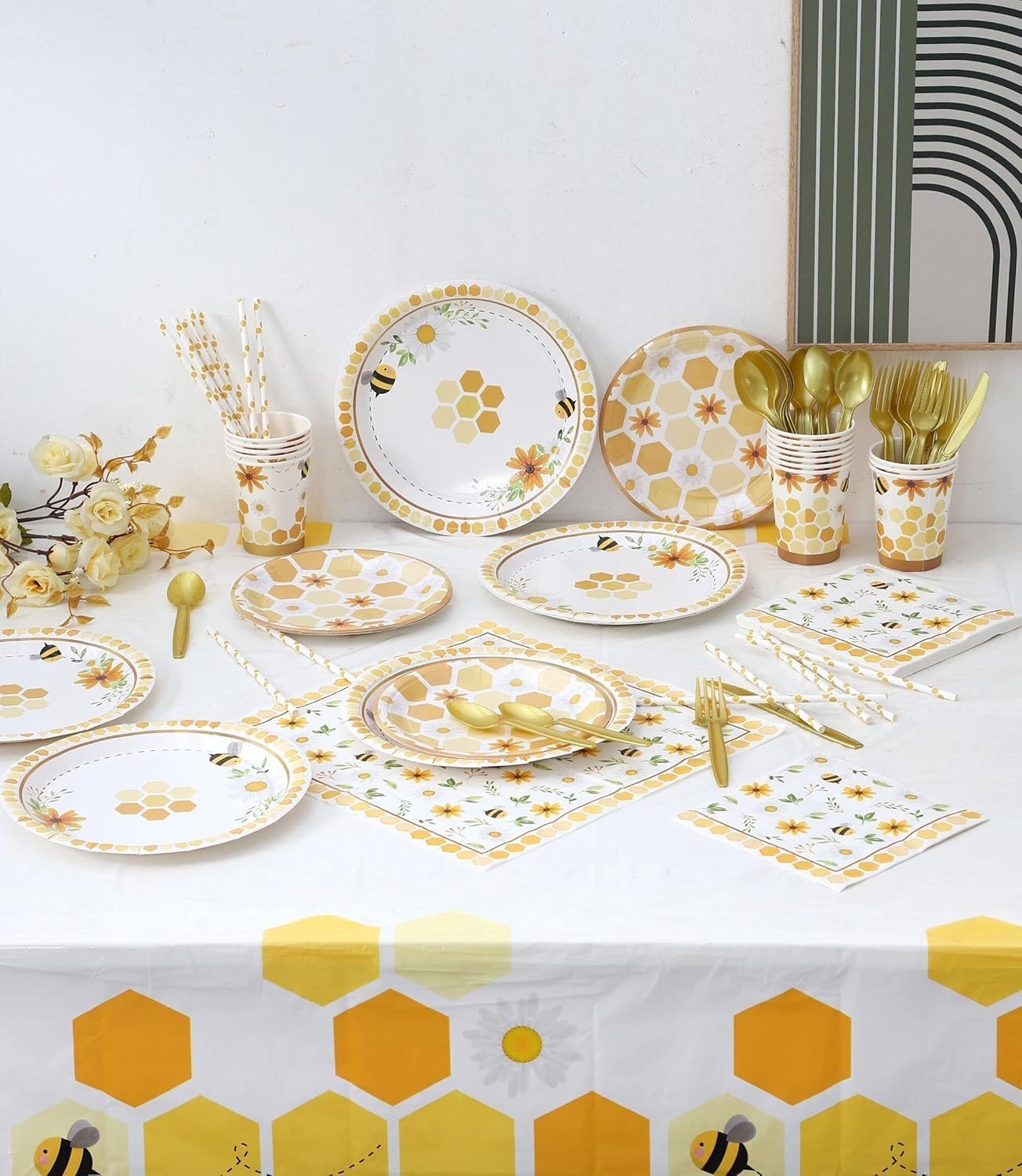 Party Supplies - Serves 16 - Birthday Plates Cups Napkins Perfect for Baby Shower Decorations First Birthday Decorations (Bee Complete Set)