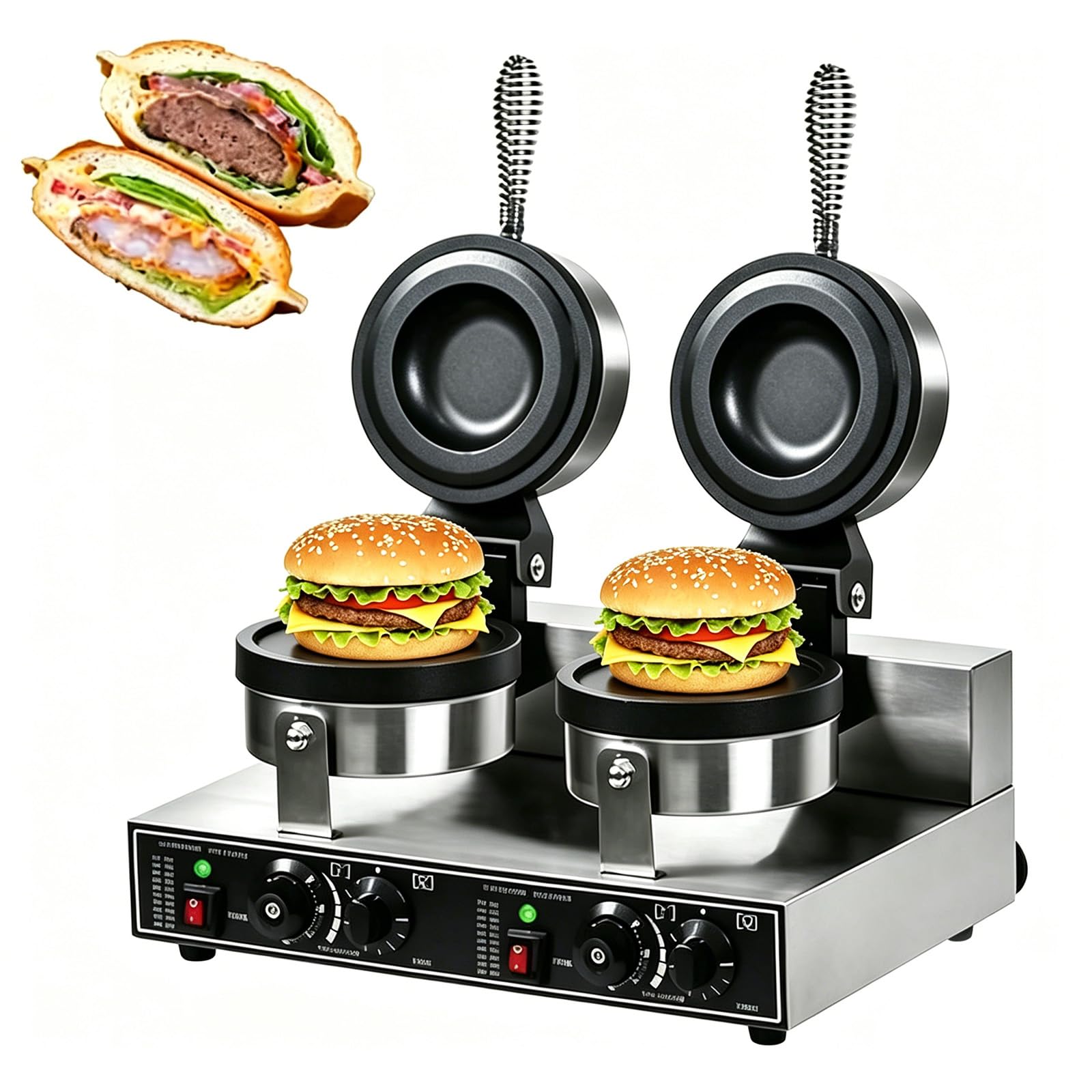 Macchina per Waffle di Hamburger Elettrica 1200W con Riscaldamento su Entrambi i Lati, Pressa Sandwich Commerciale con Timer di Temperatura, Preriscaldamento Rapido, Nessuna necessità di Girar Double