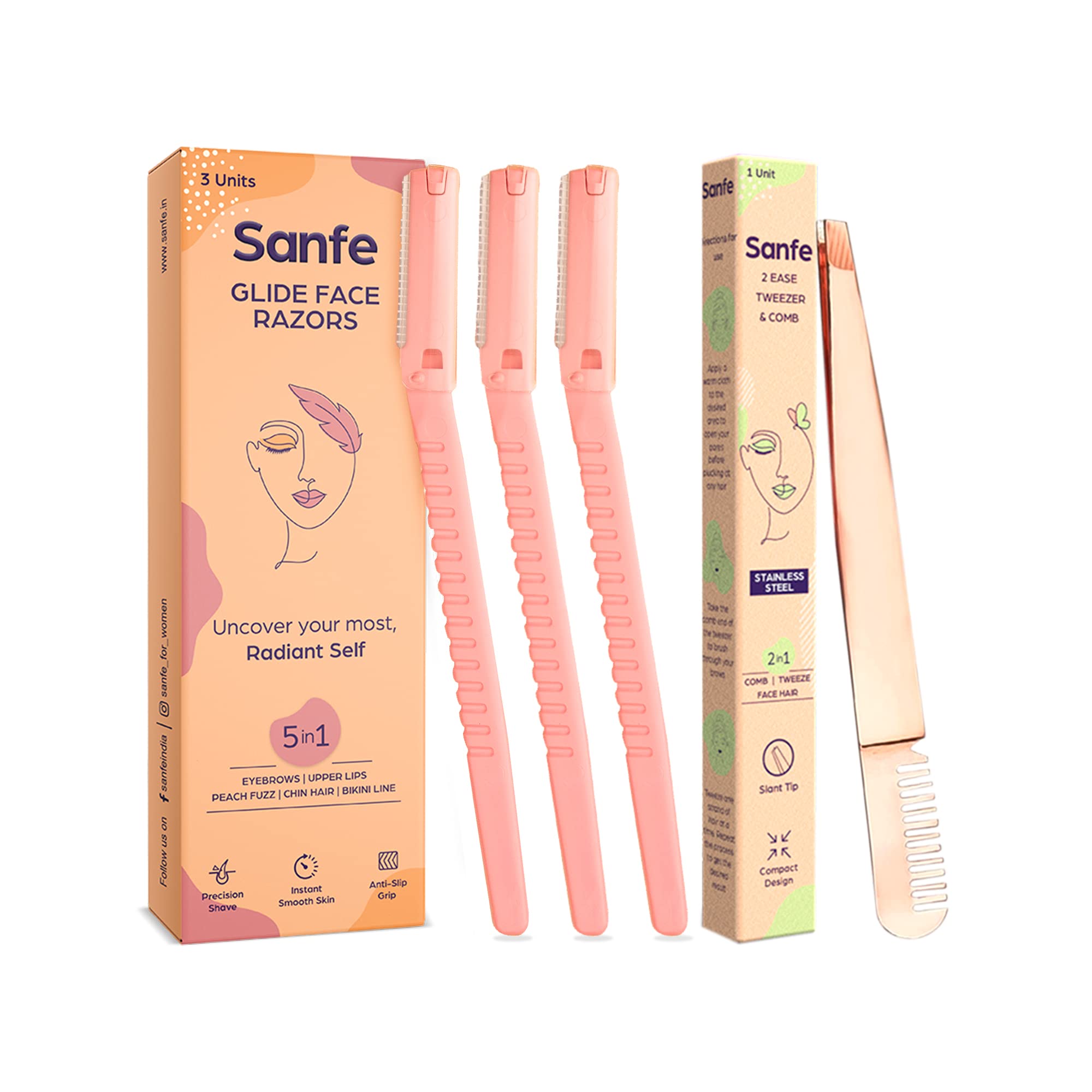 Sanfe Glide Reusable Face & Eyebrow Razor For Women | Painfree Facial Hair Removal - Pack of 3 + Sanfe Tweezer - Pack of 1, Tweezes Out Unwanted Hair