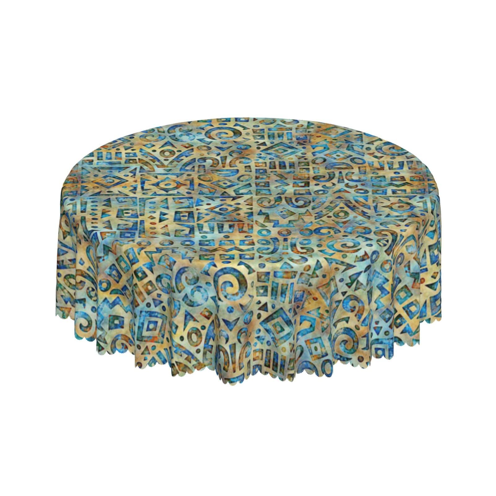 Lsjuee Southwest Style Symbol Blue Round Tablecloth 60 Inch Printed Washable Tablecloth for Dining Party Holiday Fall Home Decorative